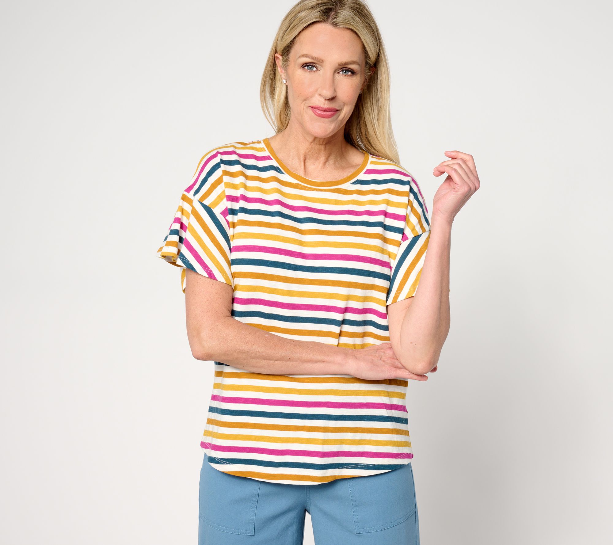 AnyBody Short Flutter Sleeve Striped Knit T-Shirt