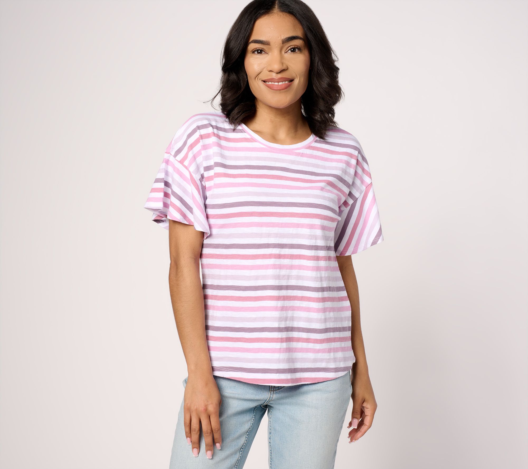 AnyBody Short Flutter Sleeve Striped Knit T-Shirt