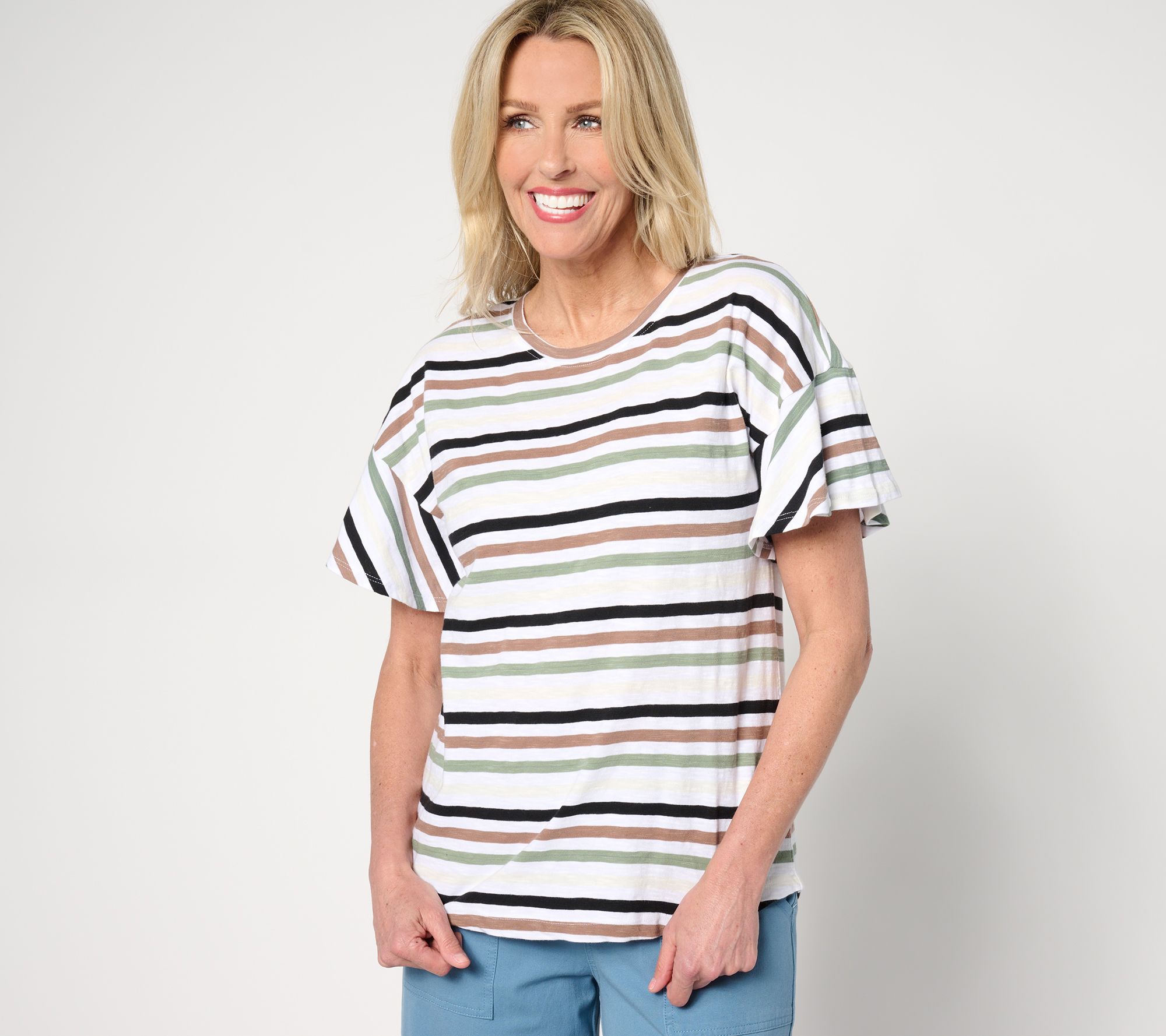 AnyBody Short Flutter Sleeve Striped Knit T-Shirt