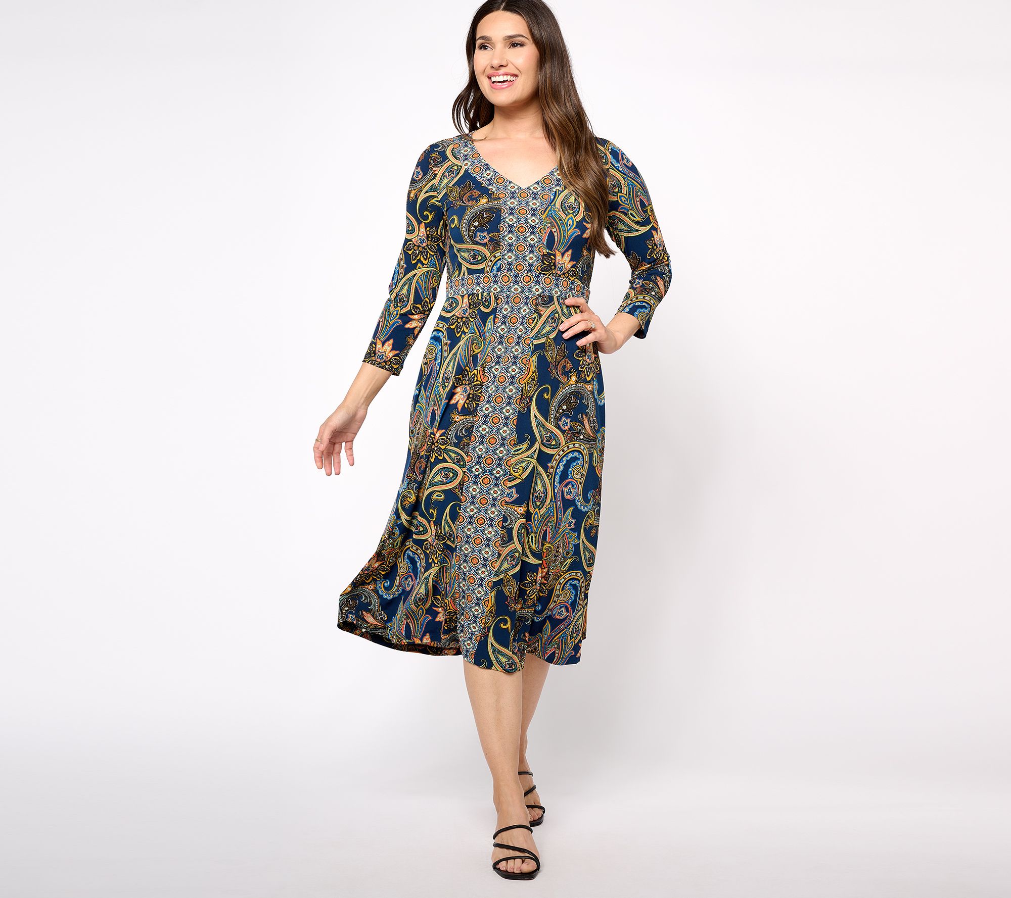 "As Is" Susan Graver Petite Printed Liquid Knit 3/4 Sleeve Midi Dress