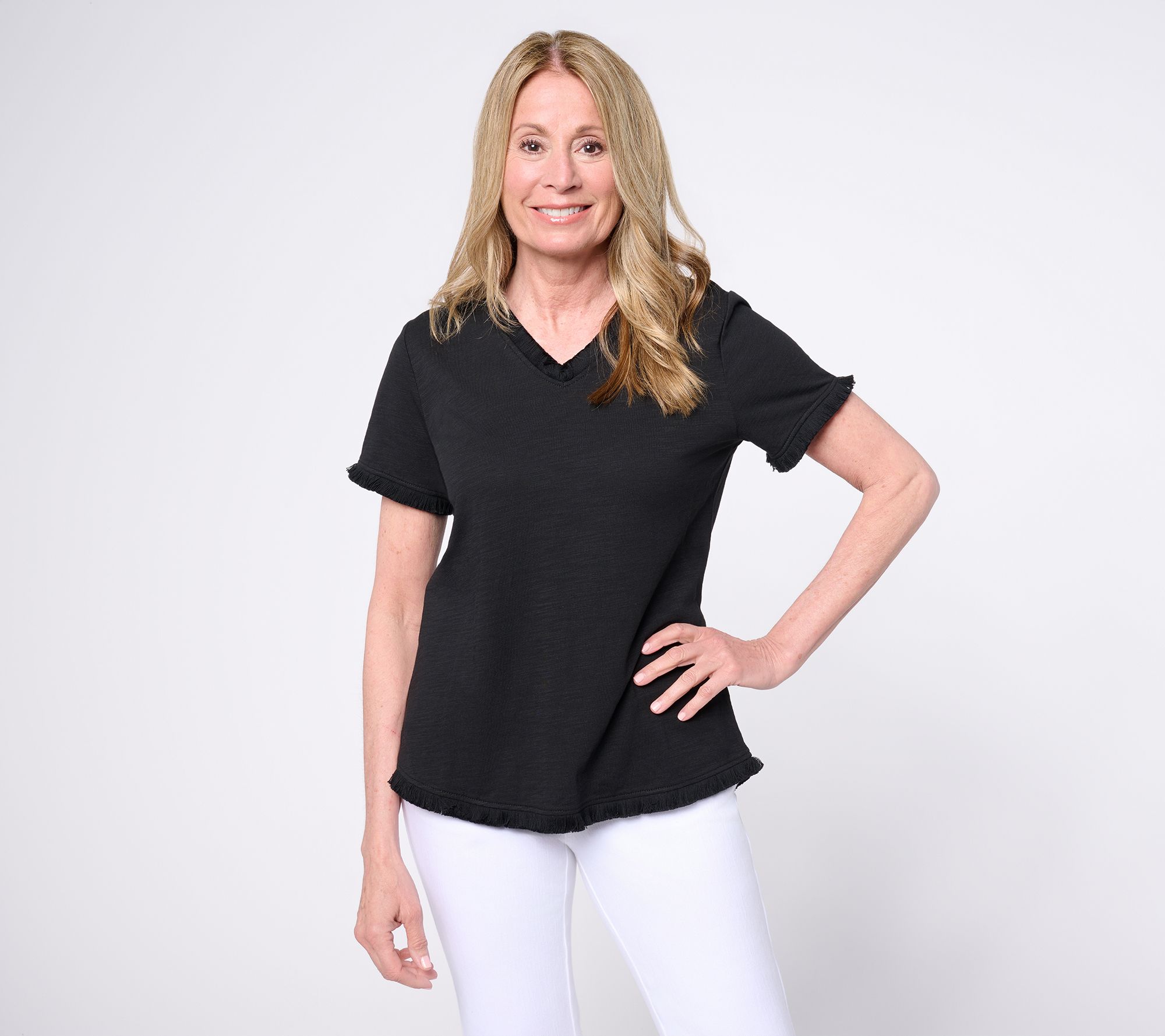 Belle by Kim Gravel Slub Knit V-Neck Top with Fringe Trim