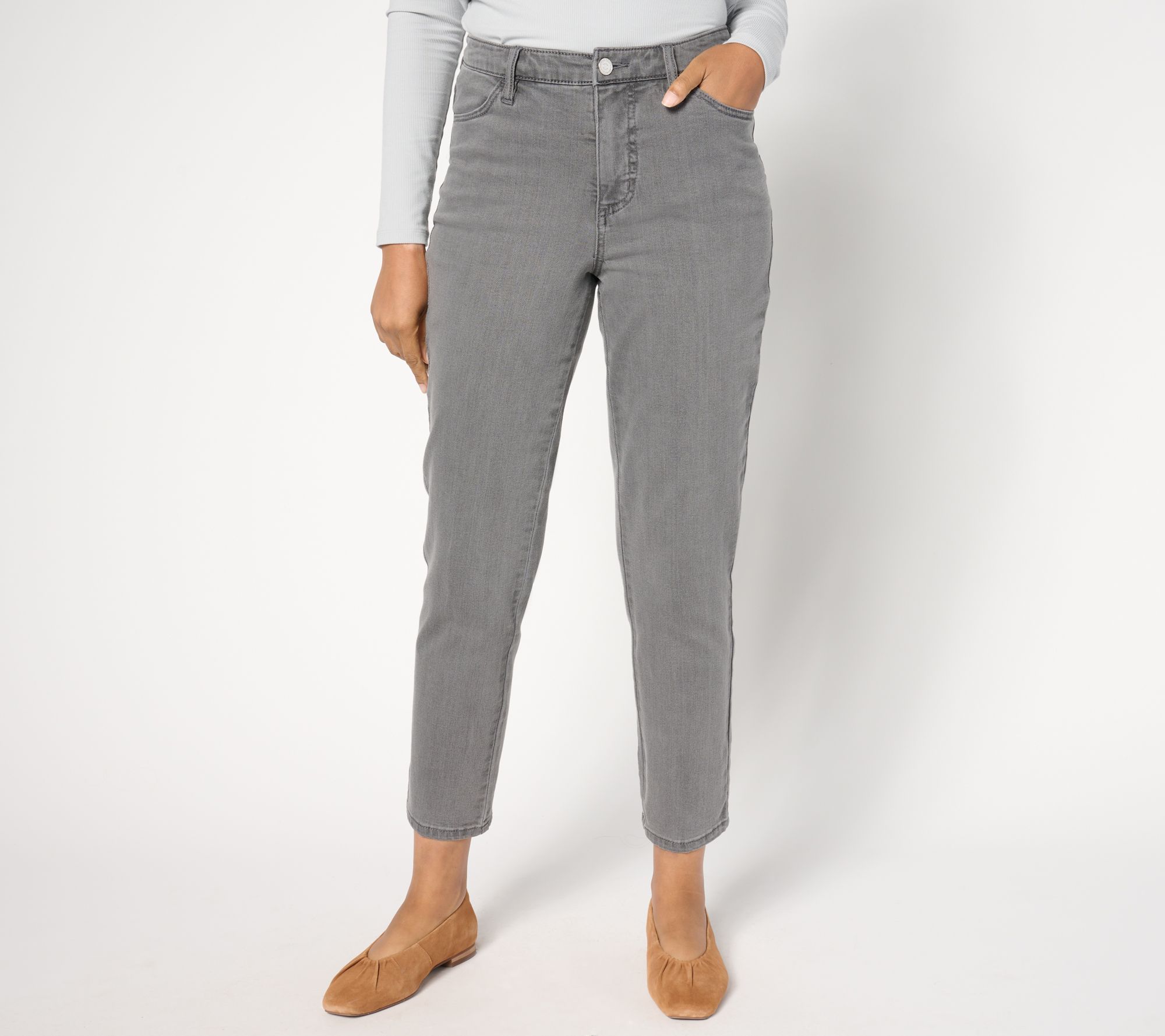 Susan Graver Petite Ankle Length Tapered Jean - Black or Grey