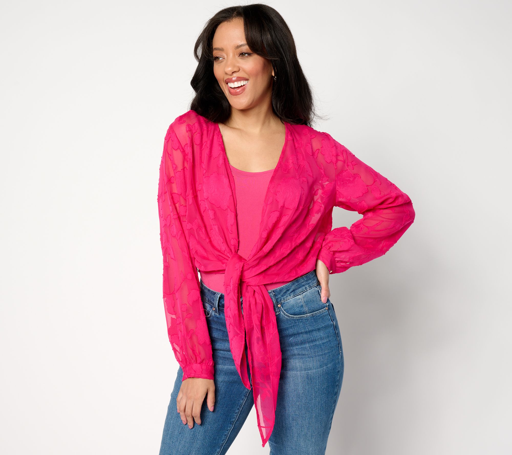 "As Is" Susan Graver Clip Jacquard Chiffon Long Sleeve Shrug