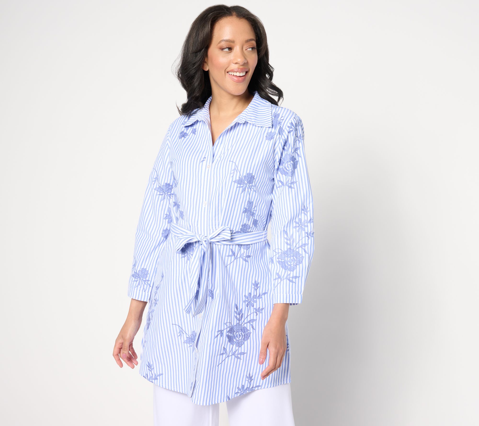 "As Is" Dennis Basso Petite Button Front Embroidered Poplin Duster