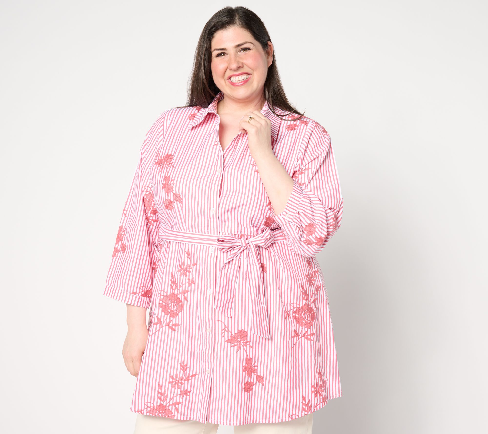 "As Is" Dennis Basso Petite Button Front Embroidered Poplin Duster