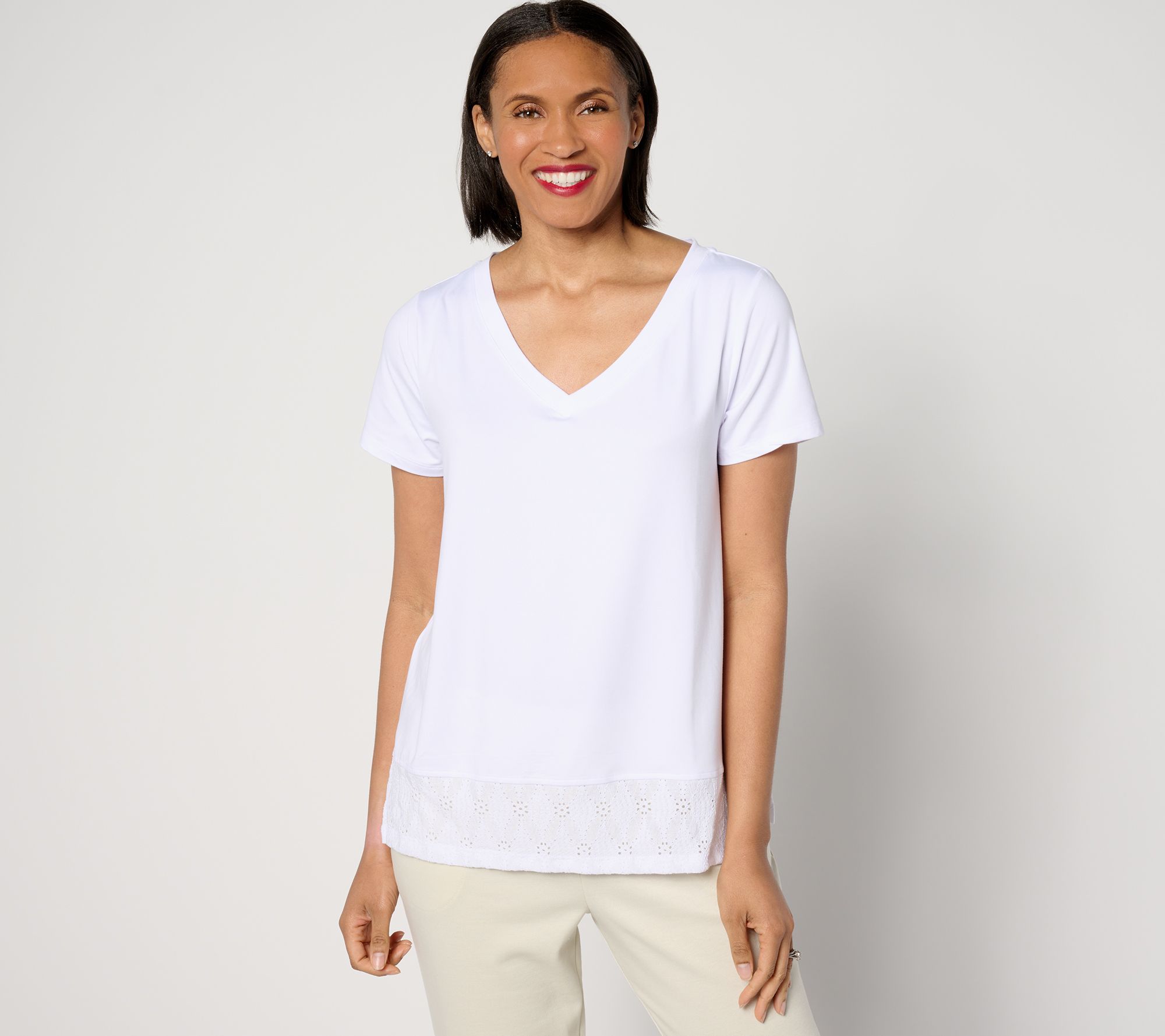 "As Is" Cuddl Duds Flexwear V-Neck Top with Eyelet Hem Detail