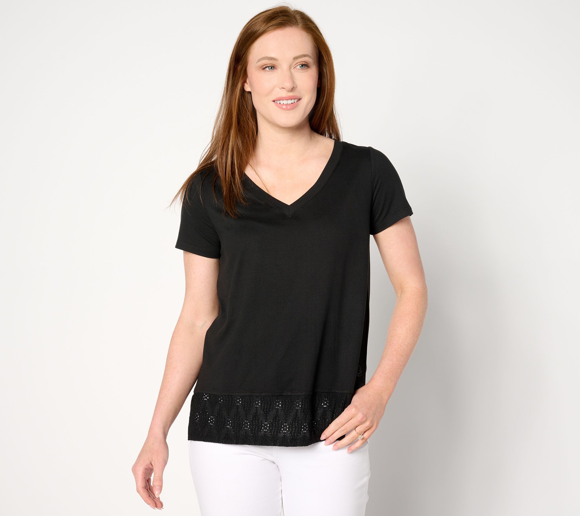 "As Is" Cuddl Duds Flexwear V-Neck Top with Eyelet Hem Detail