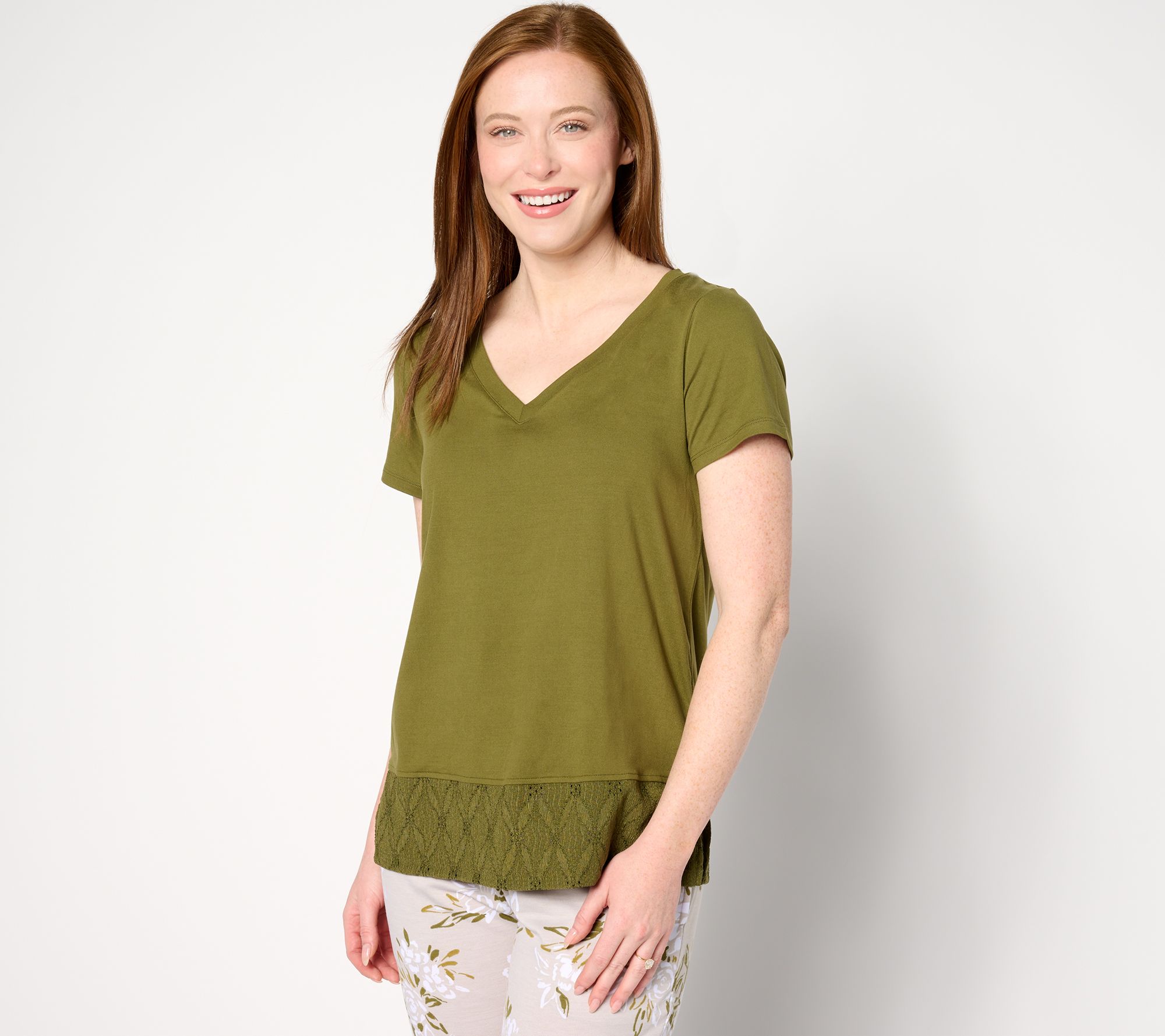 "As Is" Cuddl Duds Flexwear V-Neck Top with Eyelet Hem Detail
