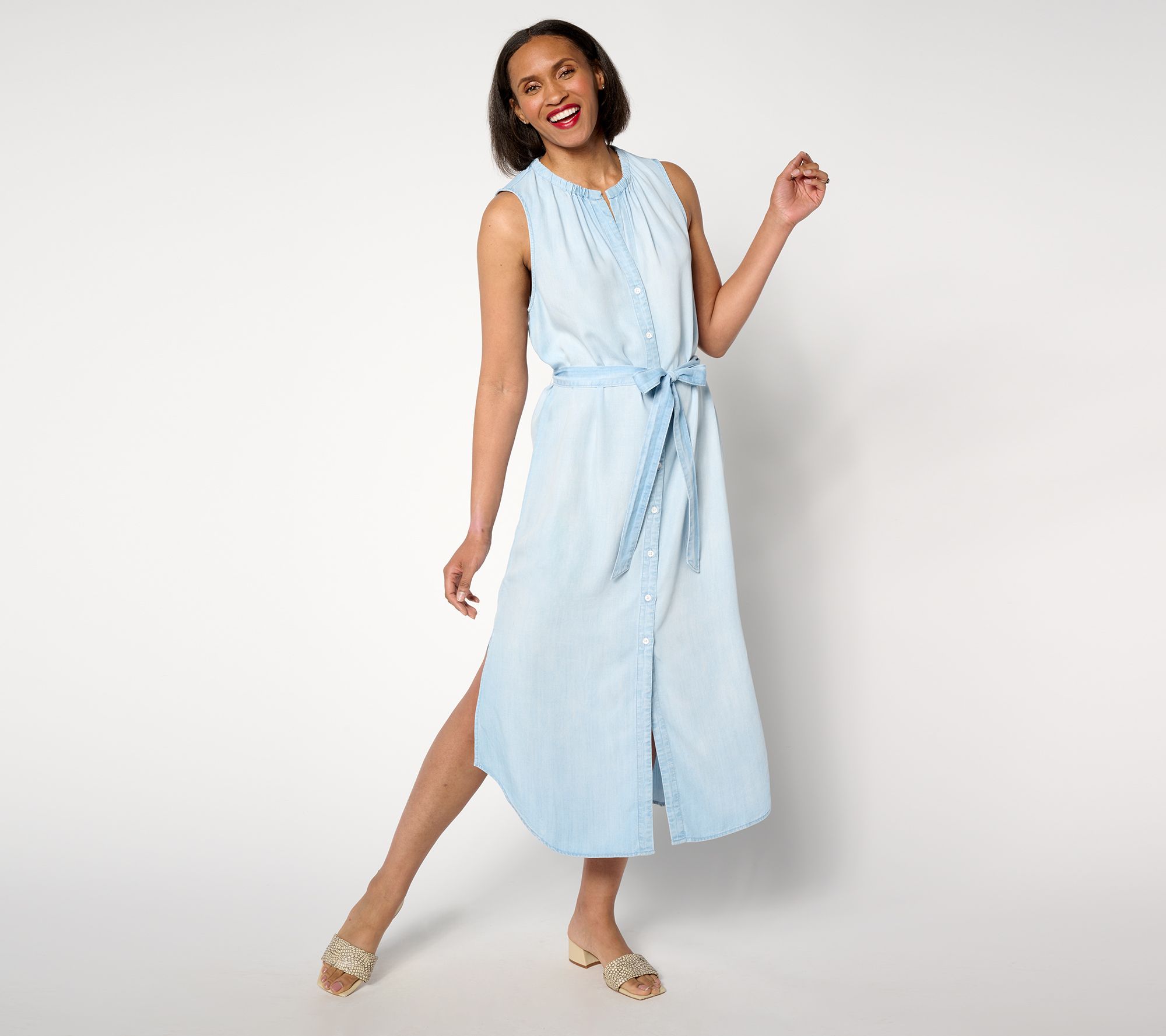 "As Is" Side Stitch Sleeveless Tie Waist Shirt Dress