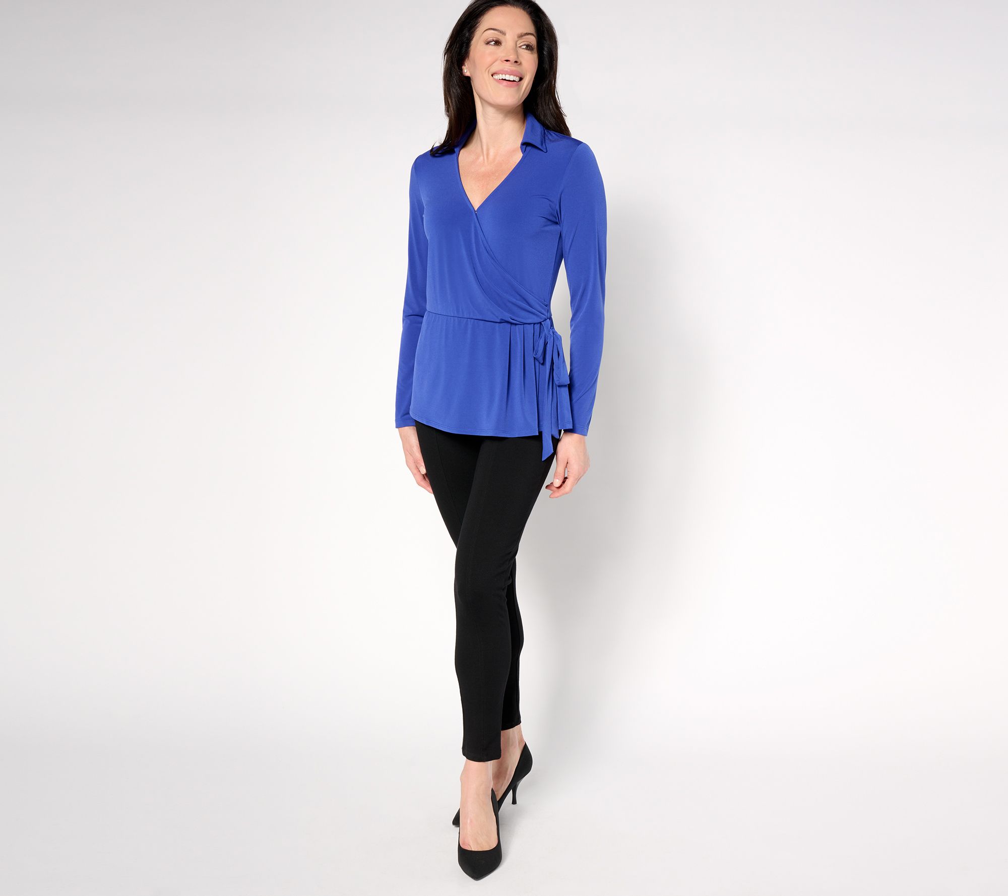 バーバリー　トップス　4T Susan Graver Liquid Knit Long-Sleeve Faux Wrap Top - QVC.com