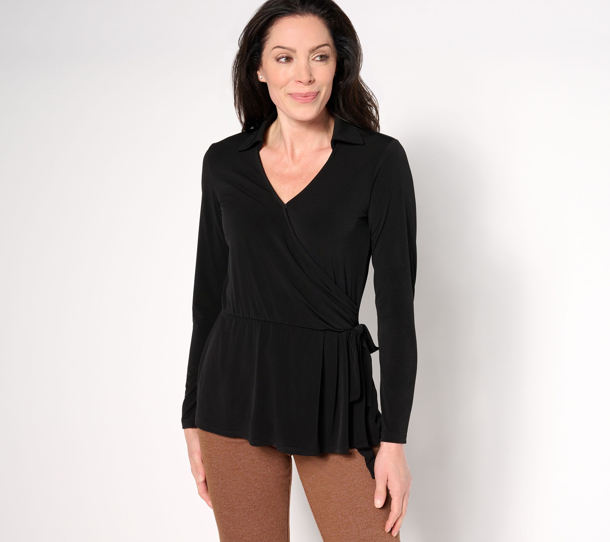 Susan Graver Liquid Knit Long-Sleeve Faux Wrap Top
