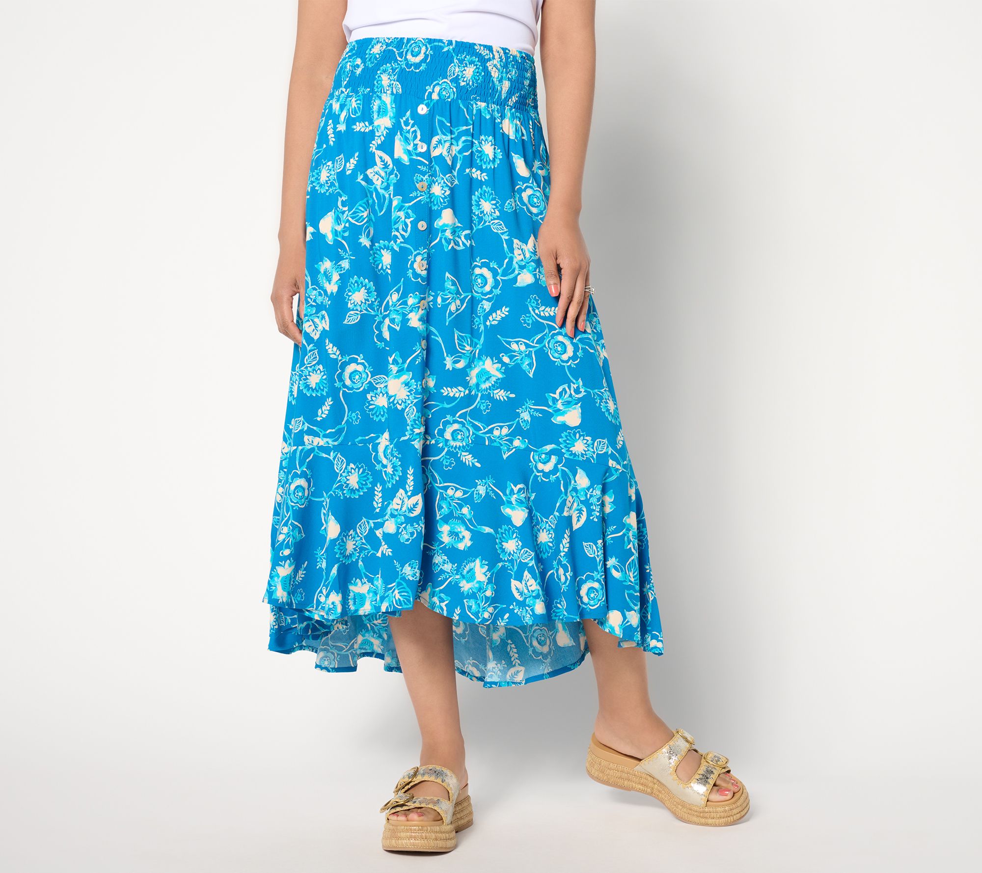 "As Is" Susan Graver Passport Regular Printed Woven Button Front Skirt
