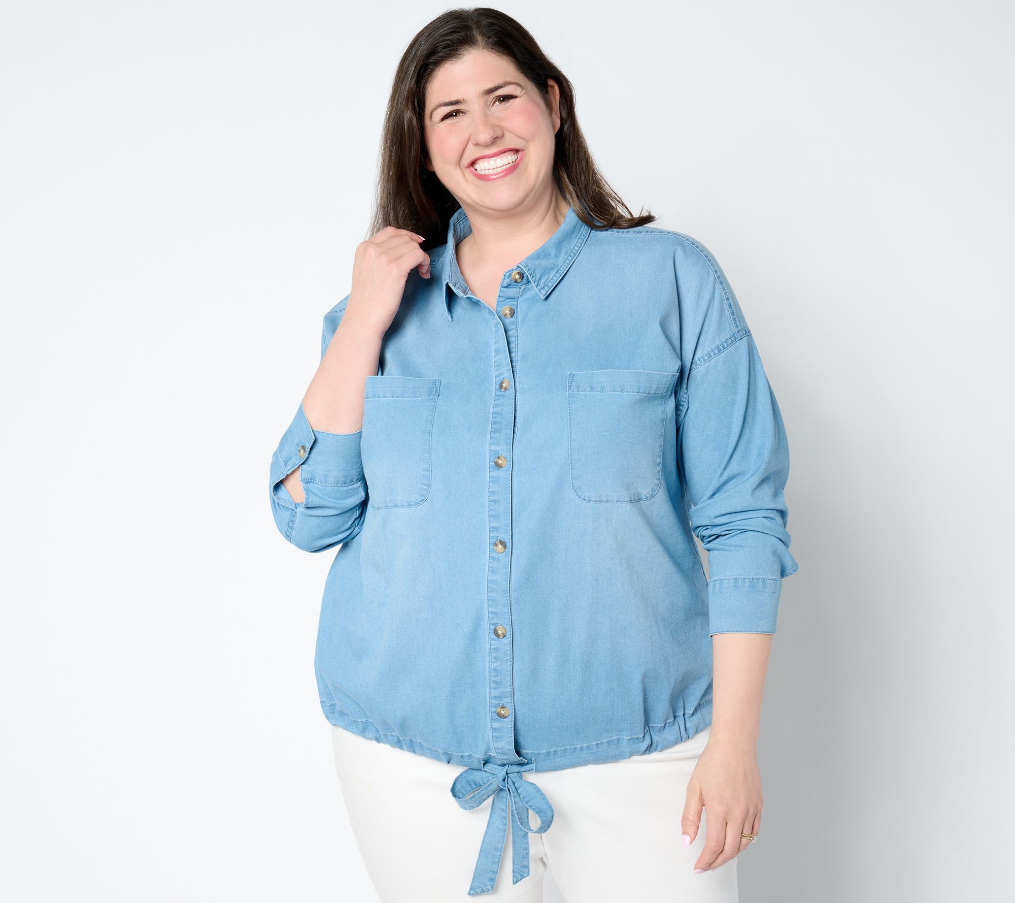 "As Is" Belle by Kim Gravel Stretch Denim Tie Front Blouse