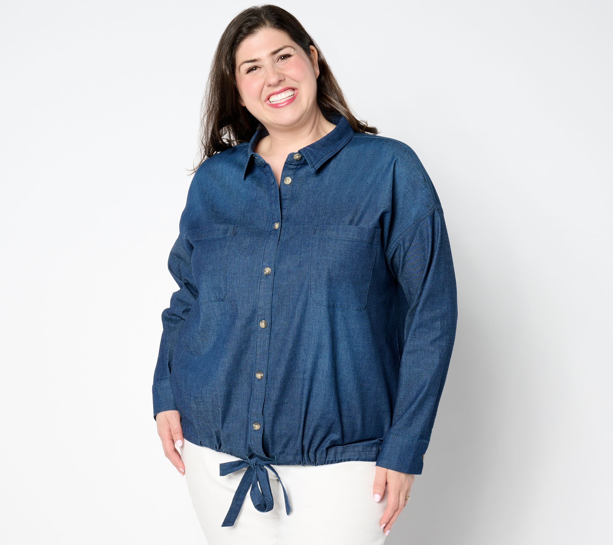 "As Is" Belle by Kim Gravel Stretch Denim Tie Front Blouse