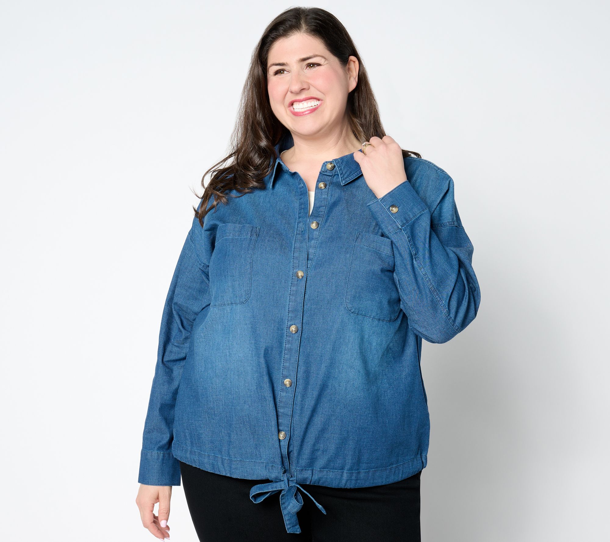 "As Is" Belle by Kim Gravel Stretch Denim Tie Front Blouse
