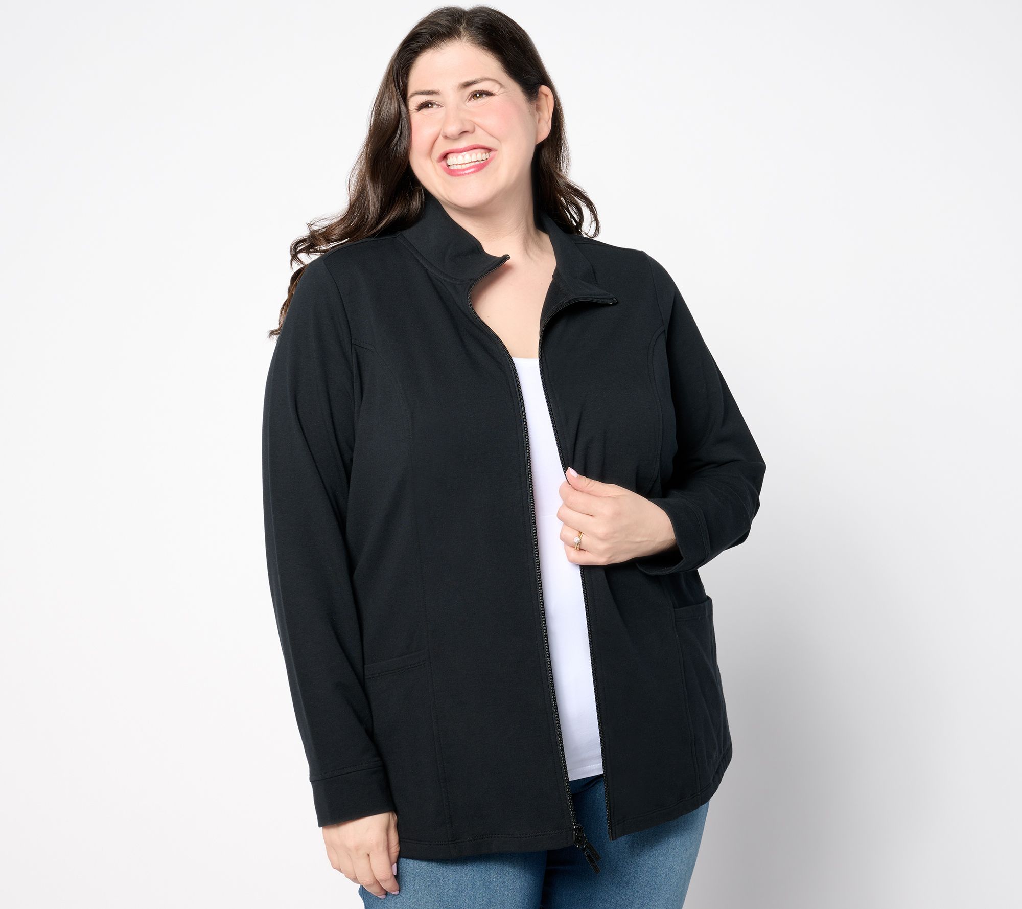 "As Is" Denim & Co. Active Petite French Terry Zip Front Tunic Jacket