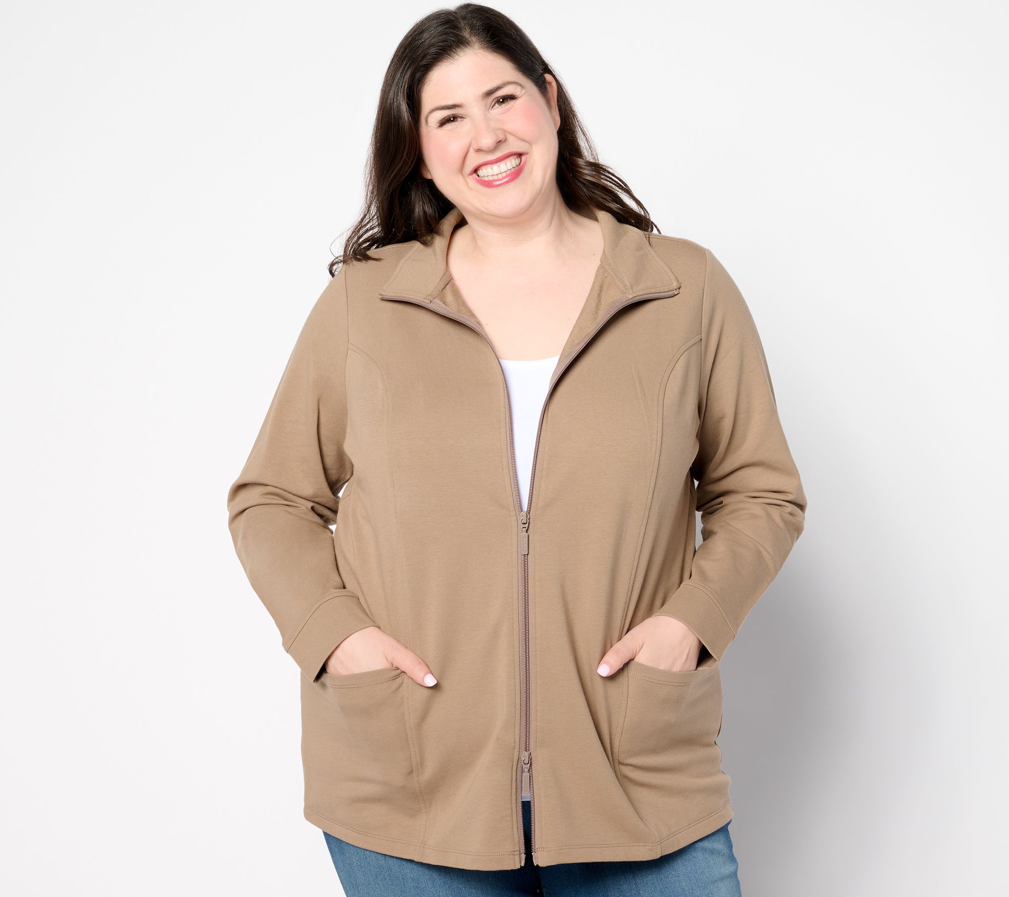 "As Is" Denim & Co. Active Petite French Terry Zip Front Tunic Jacket