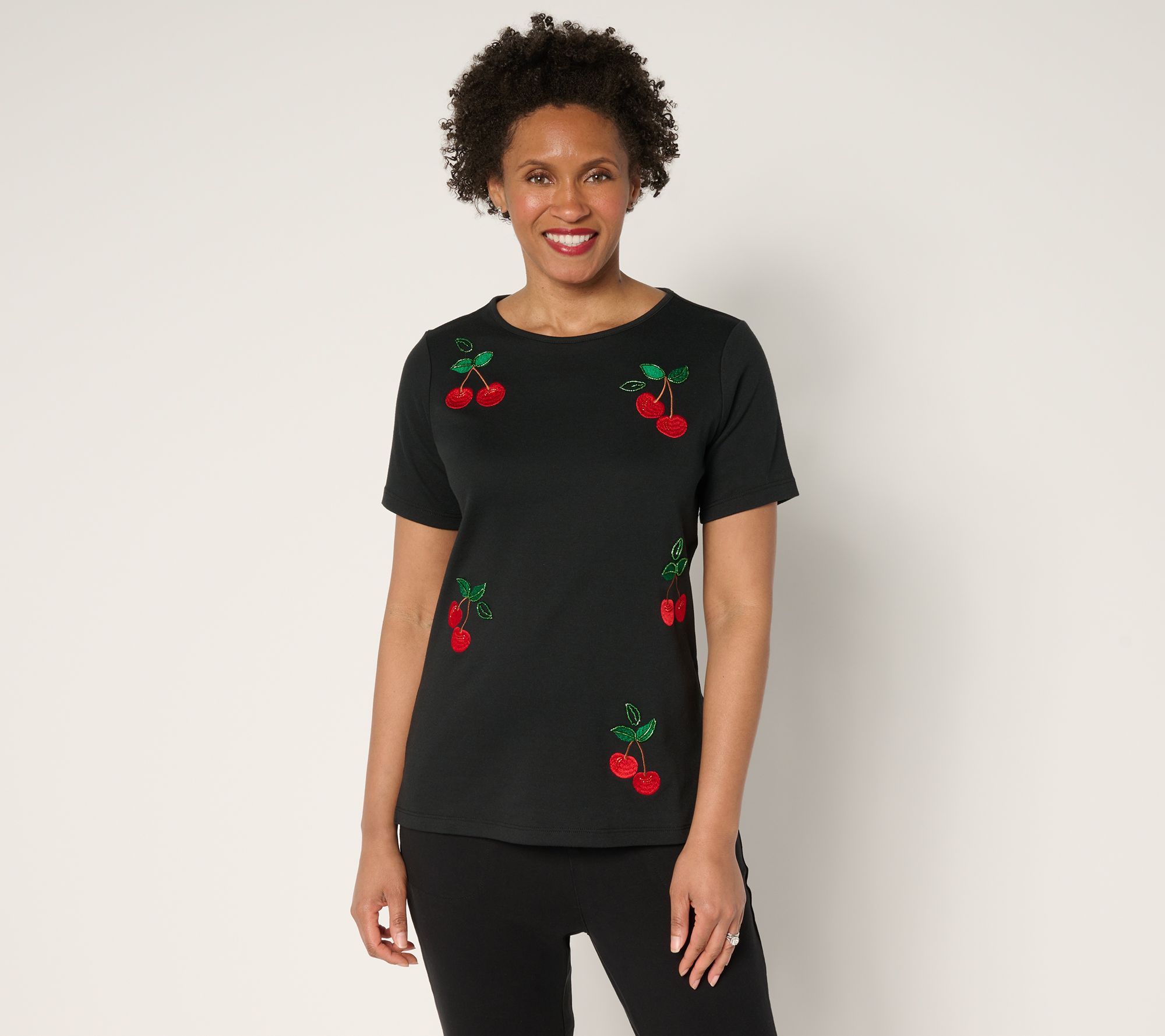 Quacker Factory Embroidered and Beaded Short Sleeve Top