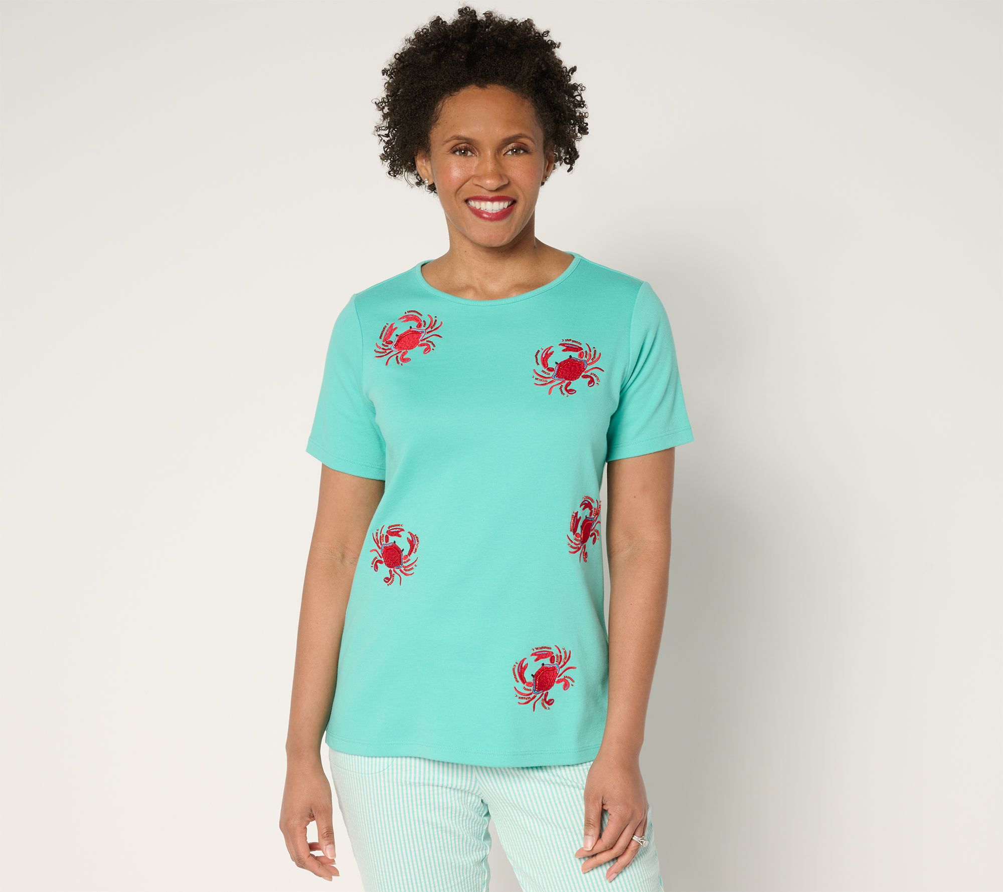 Quacker Factory Embroidered and Beaded Short Sleeve Top