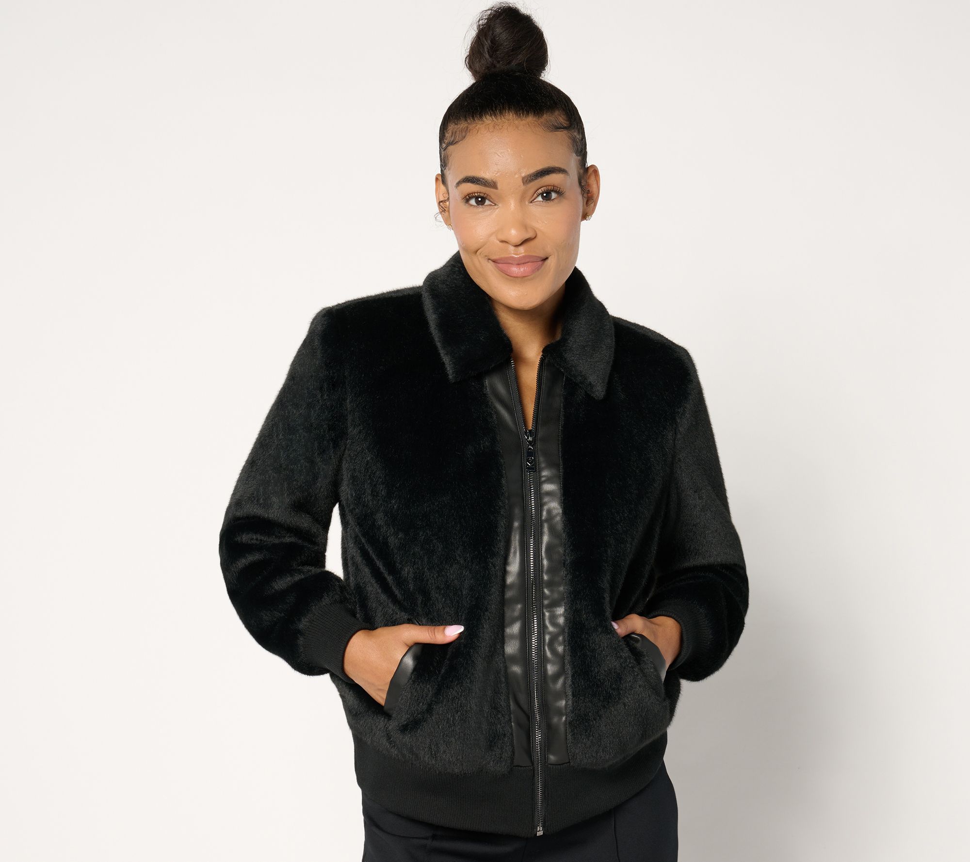 "As Is" Belle by Kim Gravel Faux Fur Zip Bomber with Faux Leather