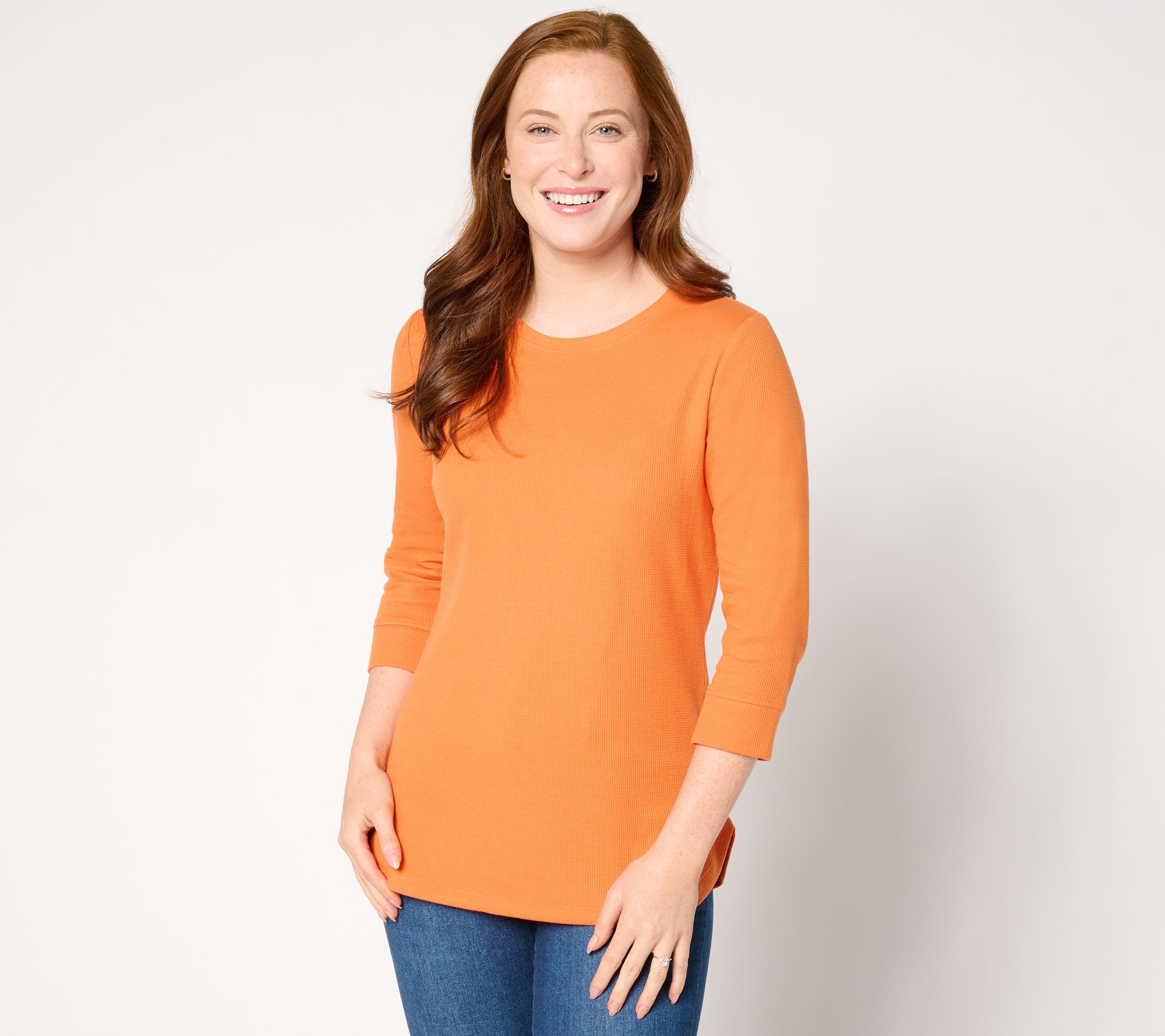 "As Is" Denim & Co. Essentials Waffle Round Neck 3/4 Sleeve Top