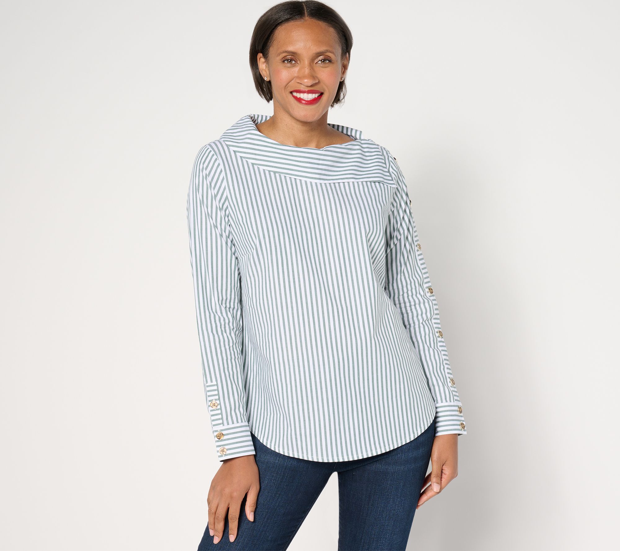 "As Is" Denim & Co. Heritage Yarn Dye Button Shoulder Striped Top