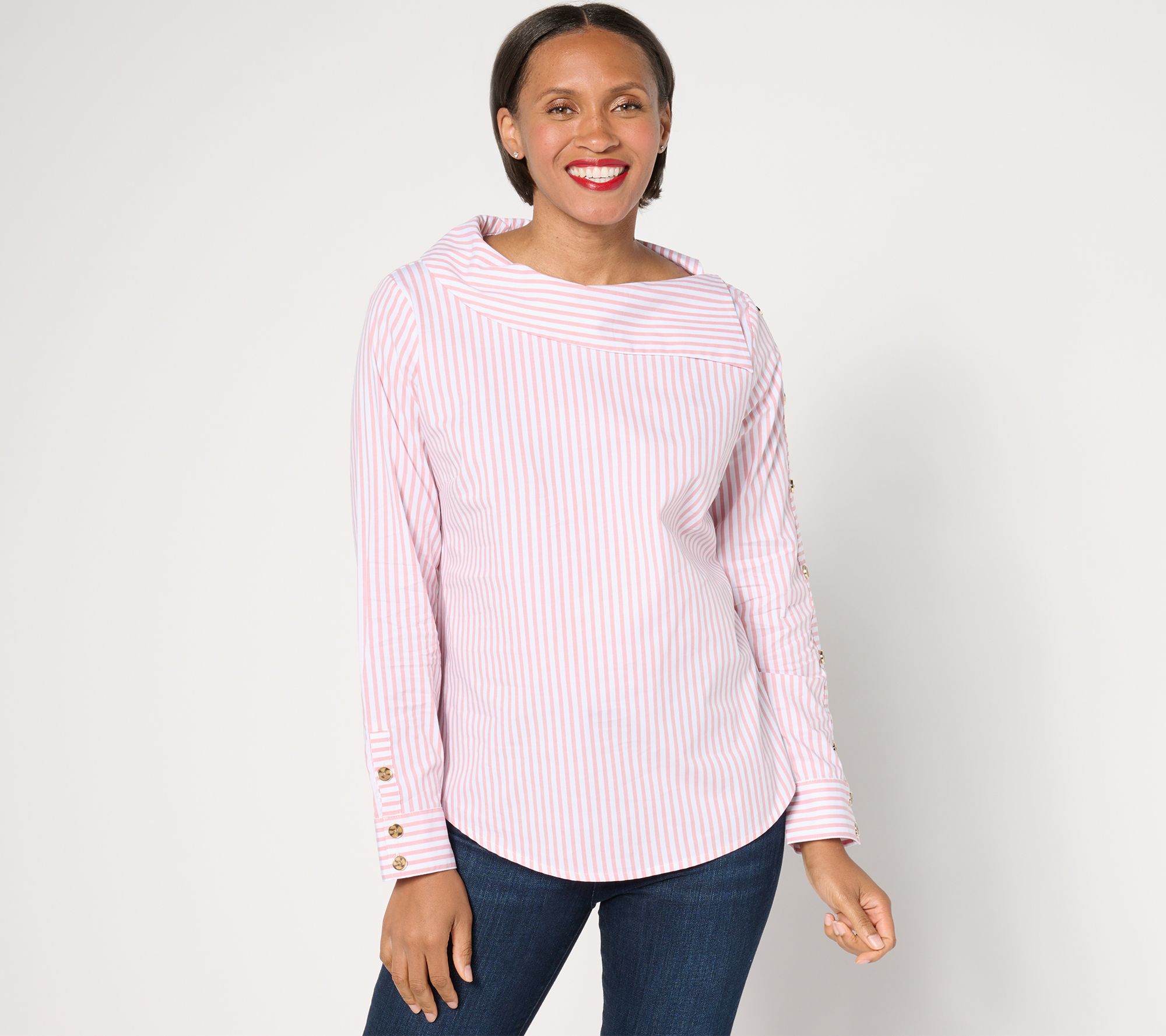 "As Is" Denim & Co. Heritage Yarn Dye Button Shoulder Striped Top