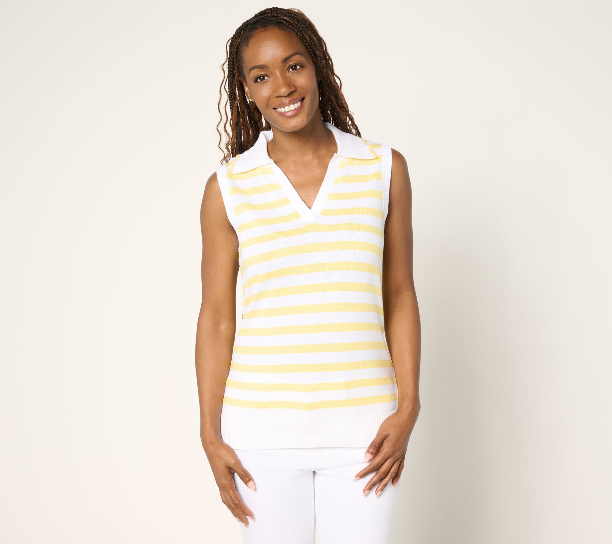 Belle by Kim Gravel Striped Front Solid Back Sweater Polo