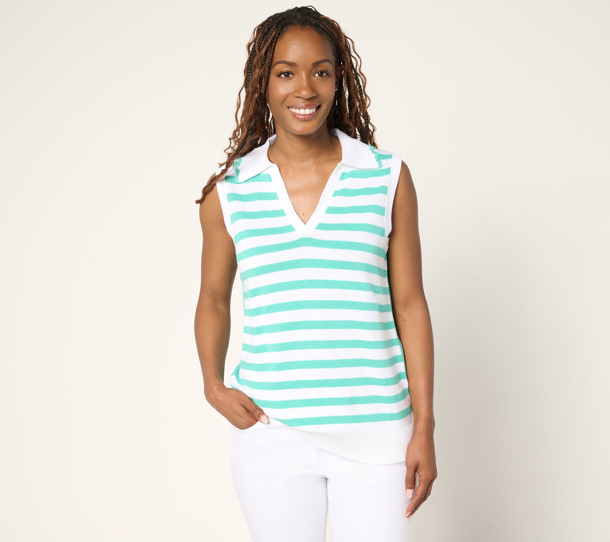 Belle by Kim Gravel Striped Front Solid Back Sweater Polo