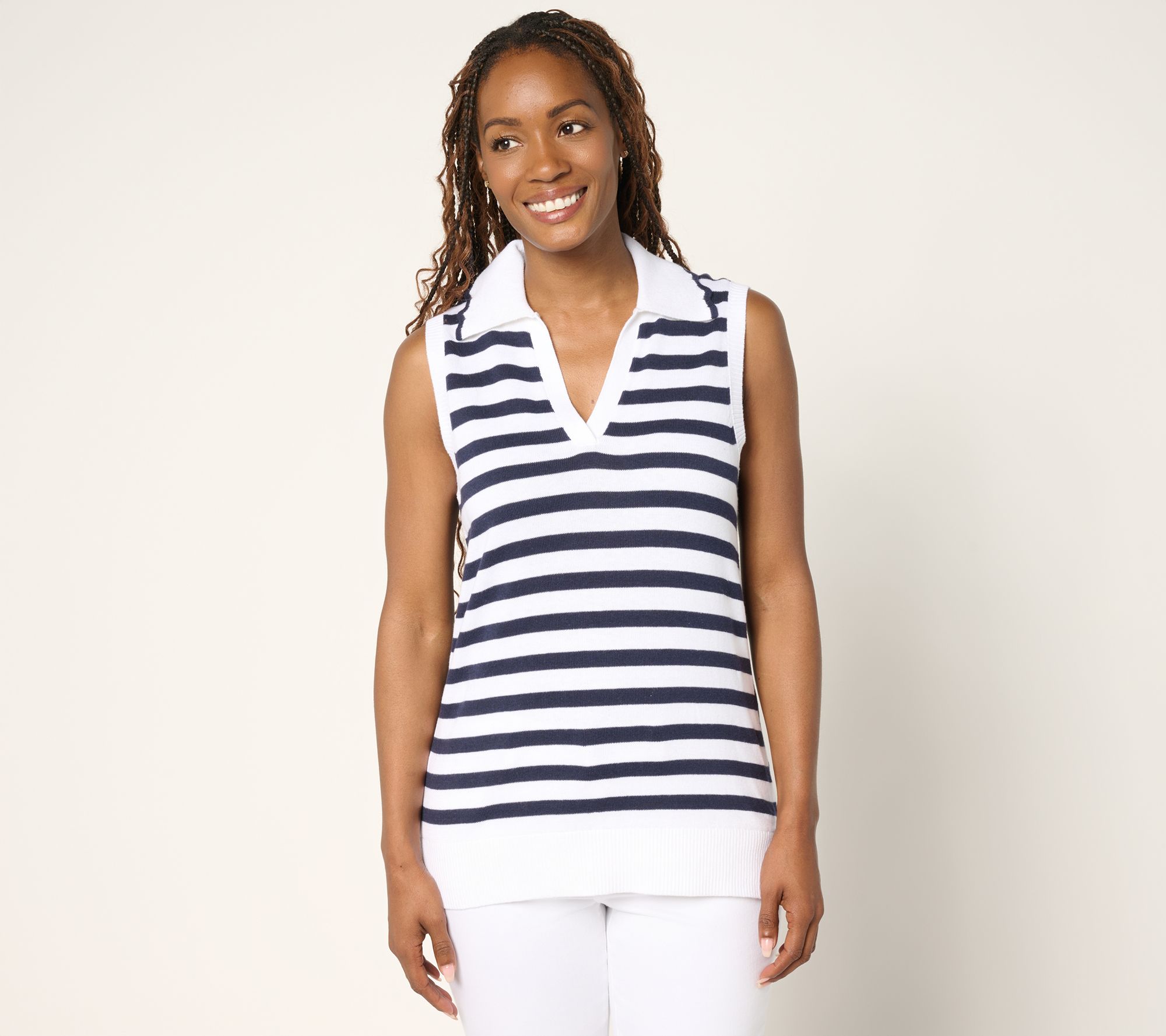 Belle by Kim Gravel Striped Front Solid Back Sweater Polo