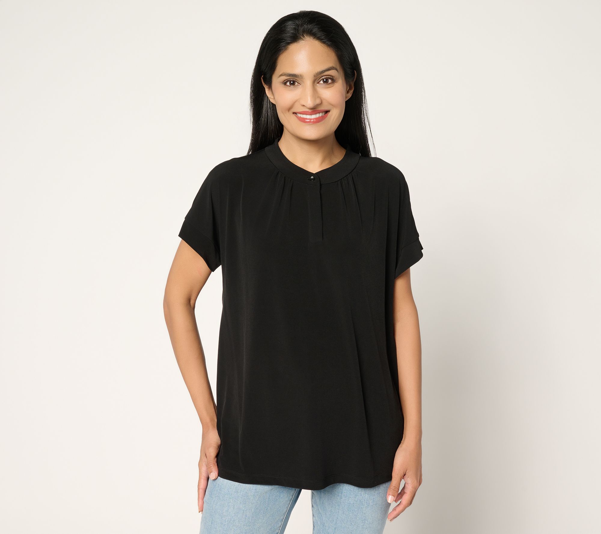 Susan Graver Every Day Liquid Knit Short Sleeve Henley Top