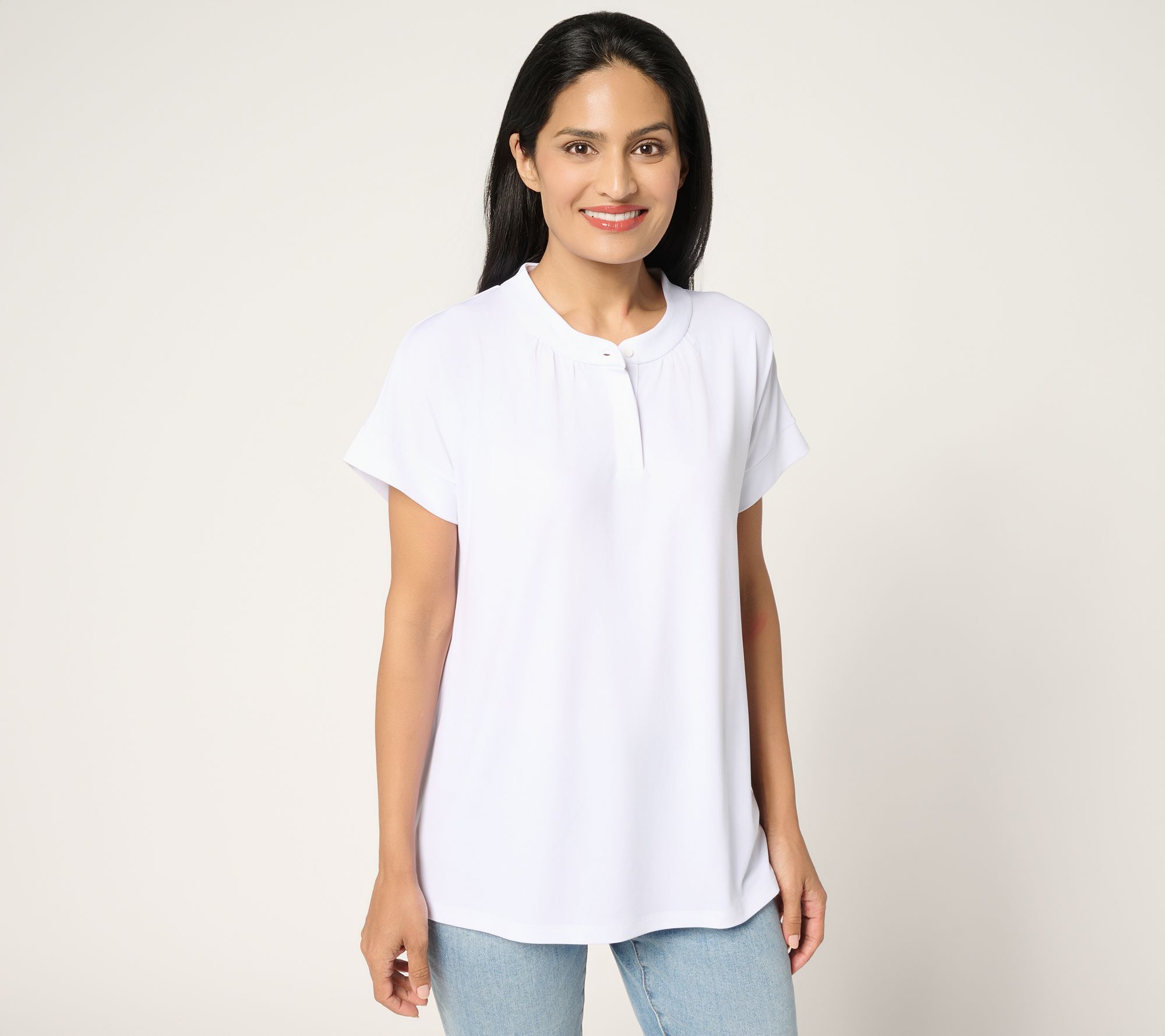 Susan Graver Every Day Liquid Knit Short Sleeve Henley Top