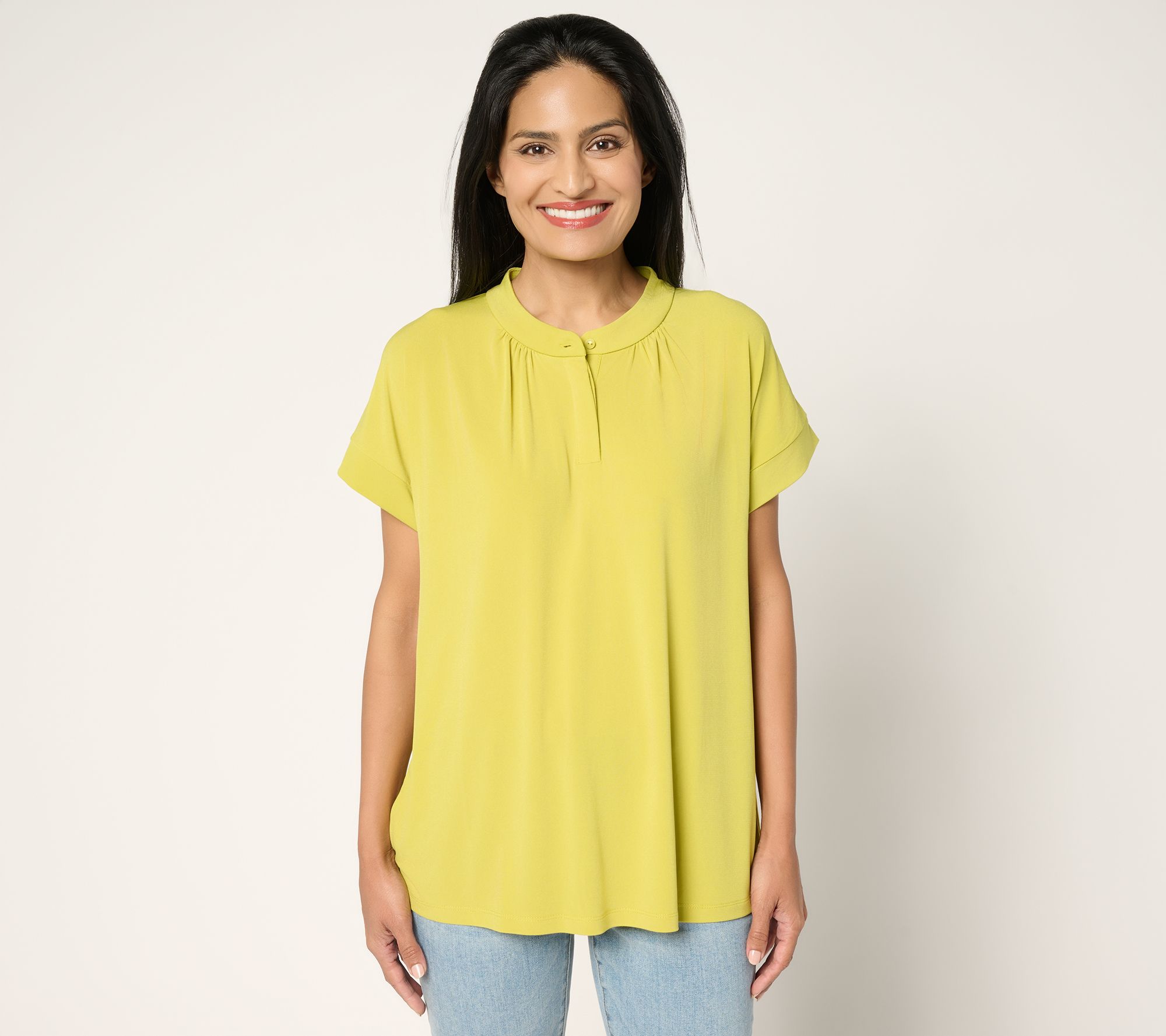 Susan Graver Every Day Liquid Knit Short Sleeve Henley Top