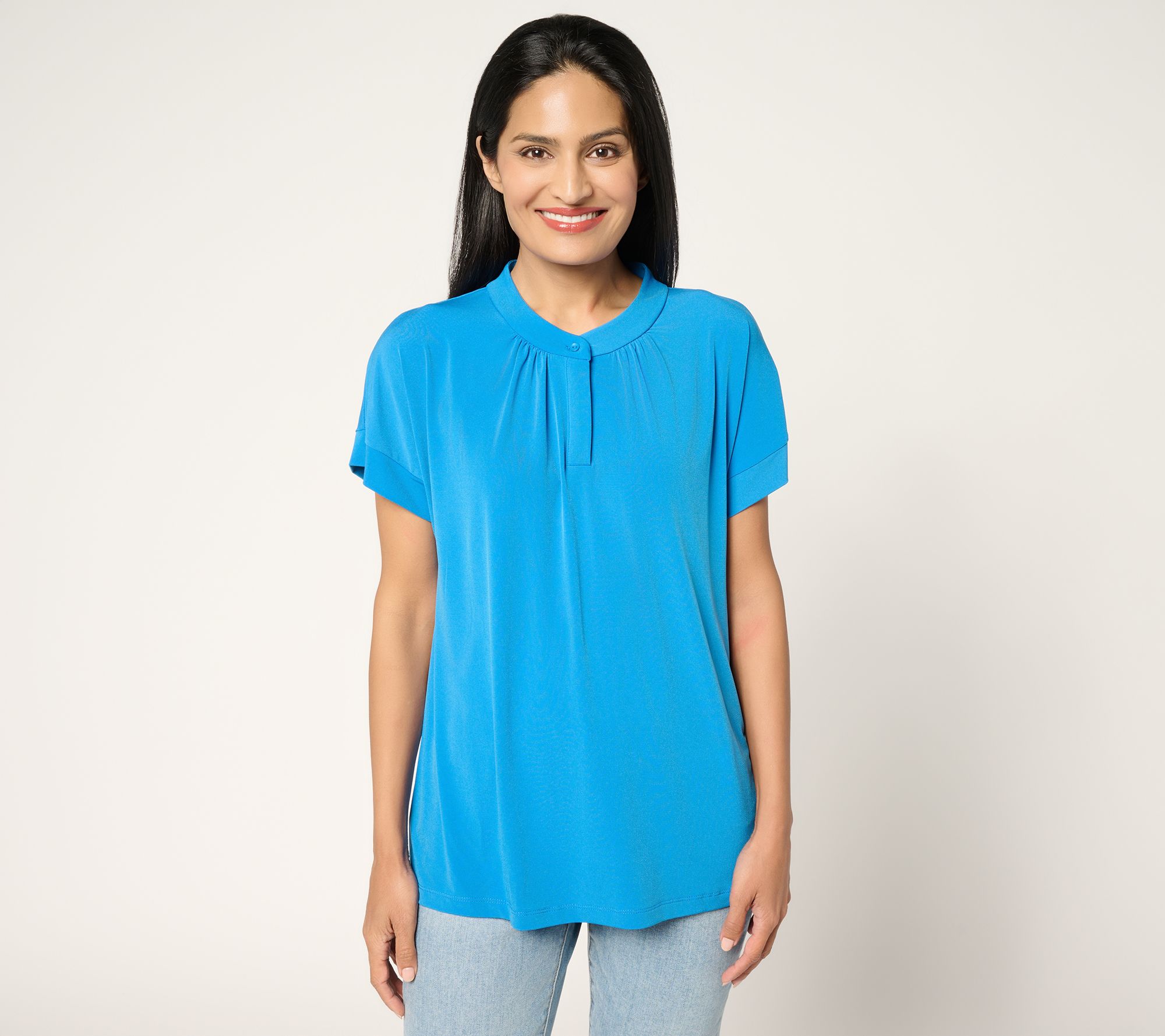 Susan Graver Every Day Liquid Knit Short Sleeve Henley Top