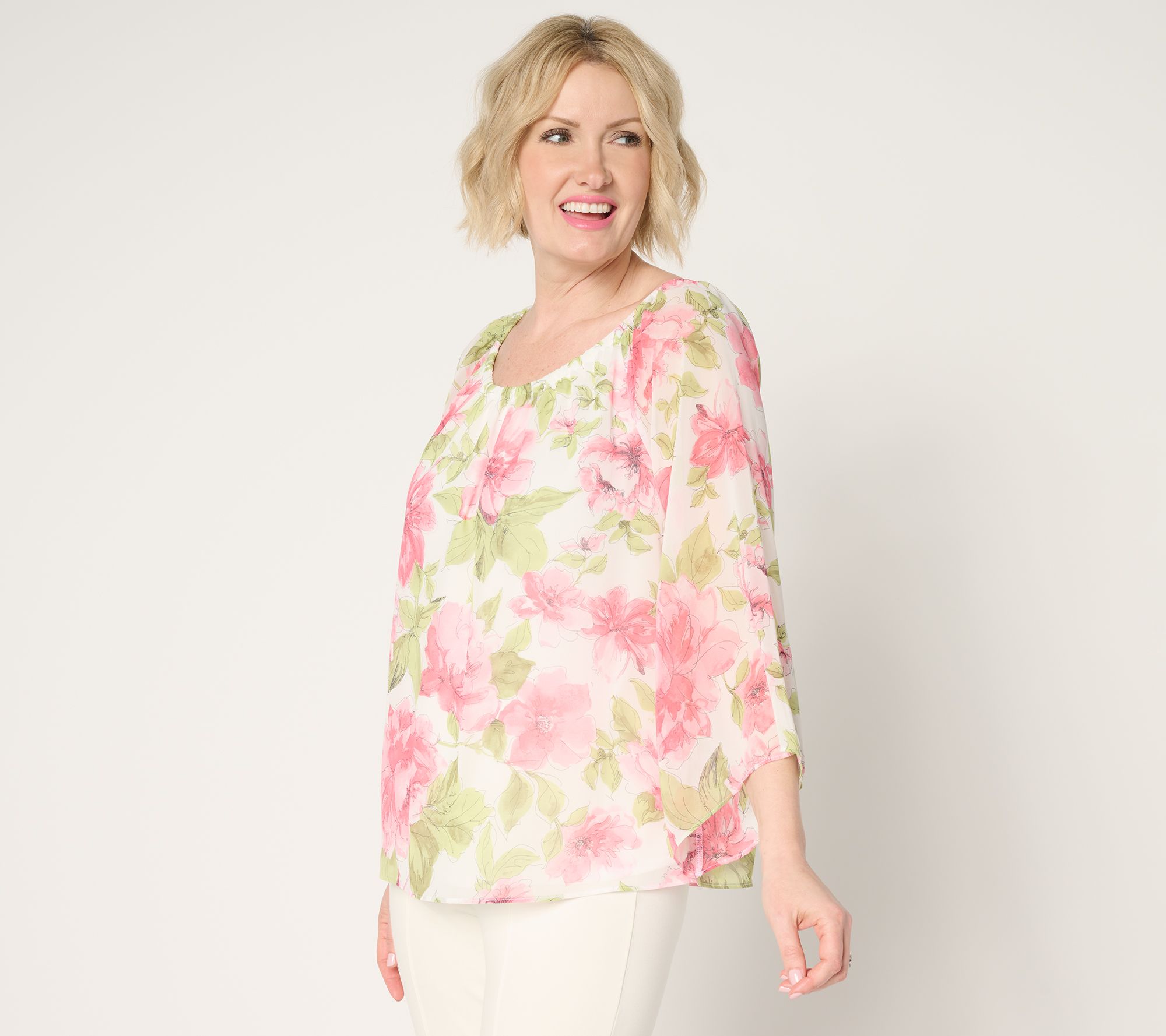 Dennis Basso Printed Chiffon Top with Gathered Neckline