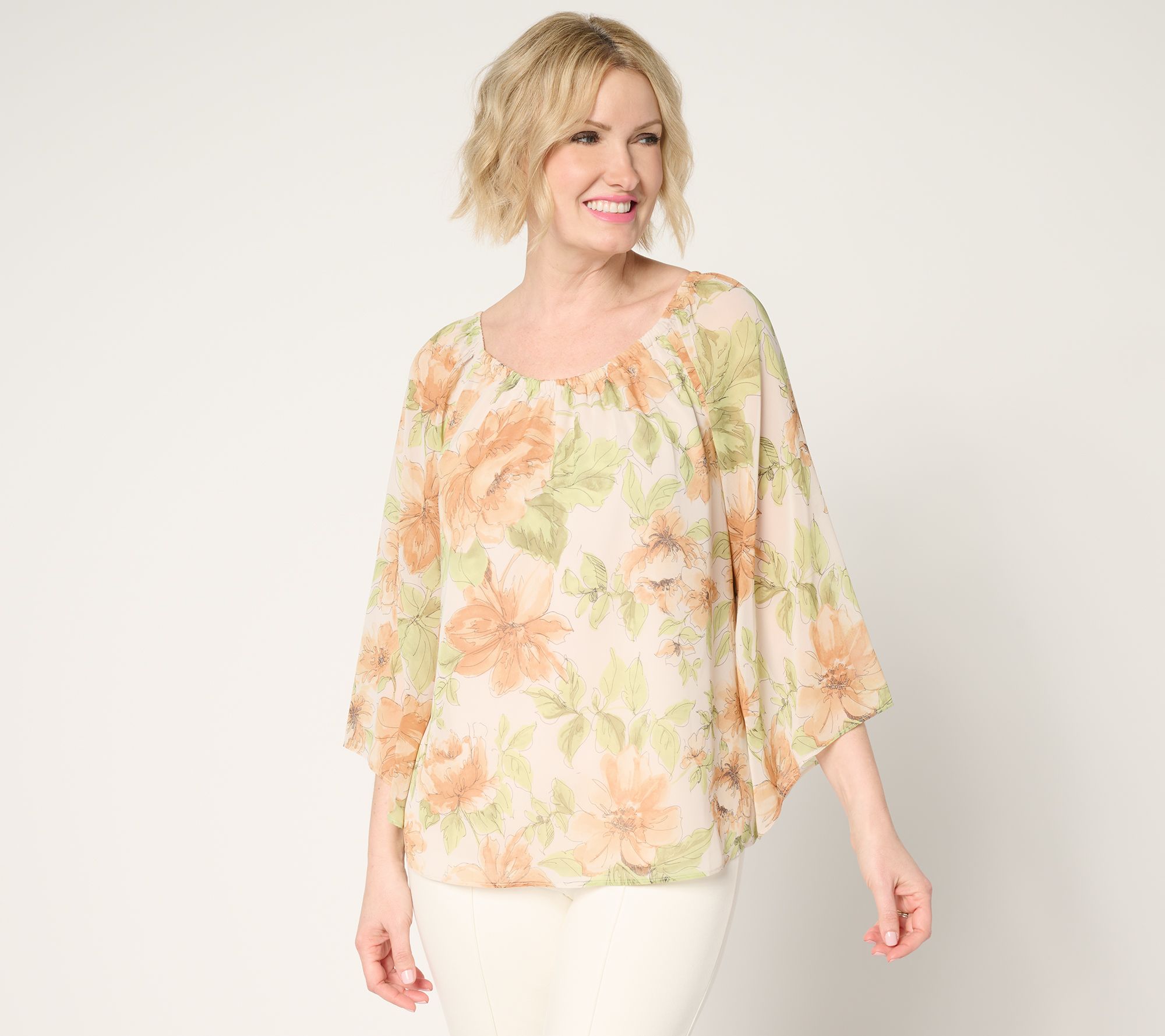Dennis Basso Printed Chiffon Top with Gathered Neckline