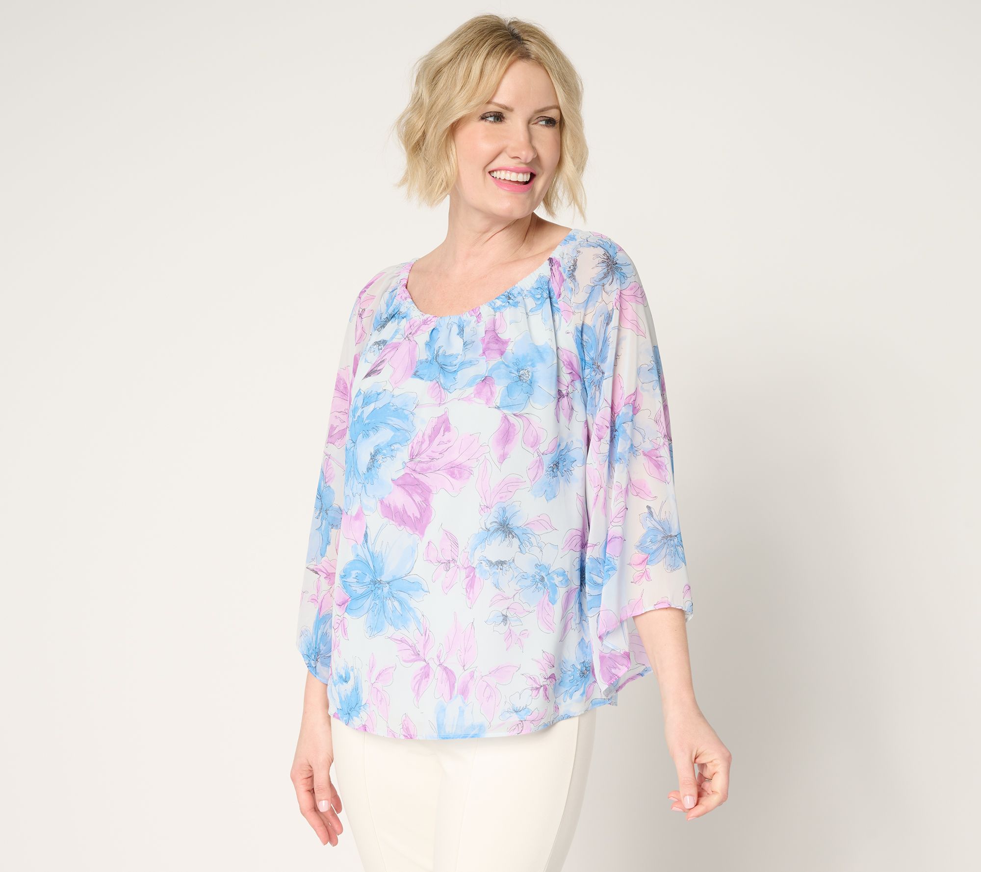 Dennis Basso Printed Chiffon Top with Gathered Neckline