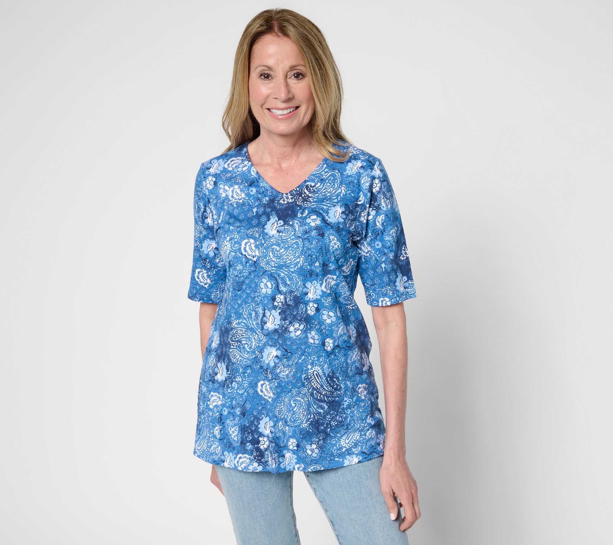 Denim & Co. Regular Print or Solid Elbow Sleeve V-Neck Tunic