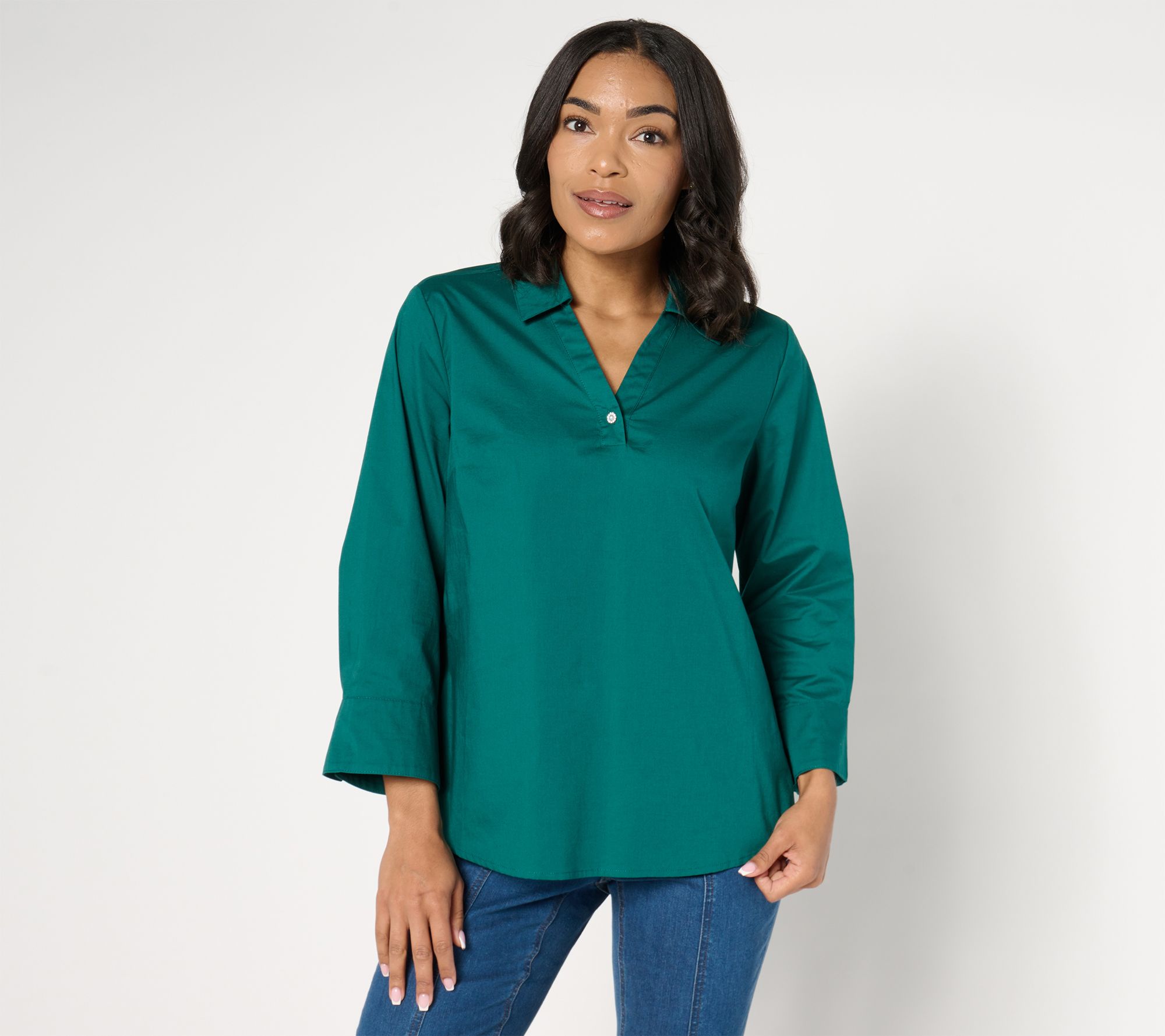 "As Is" Denim & Co. Signature Reg Poplin Tunic with Rhinestone
