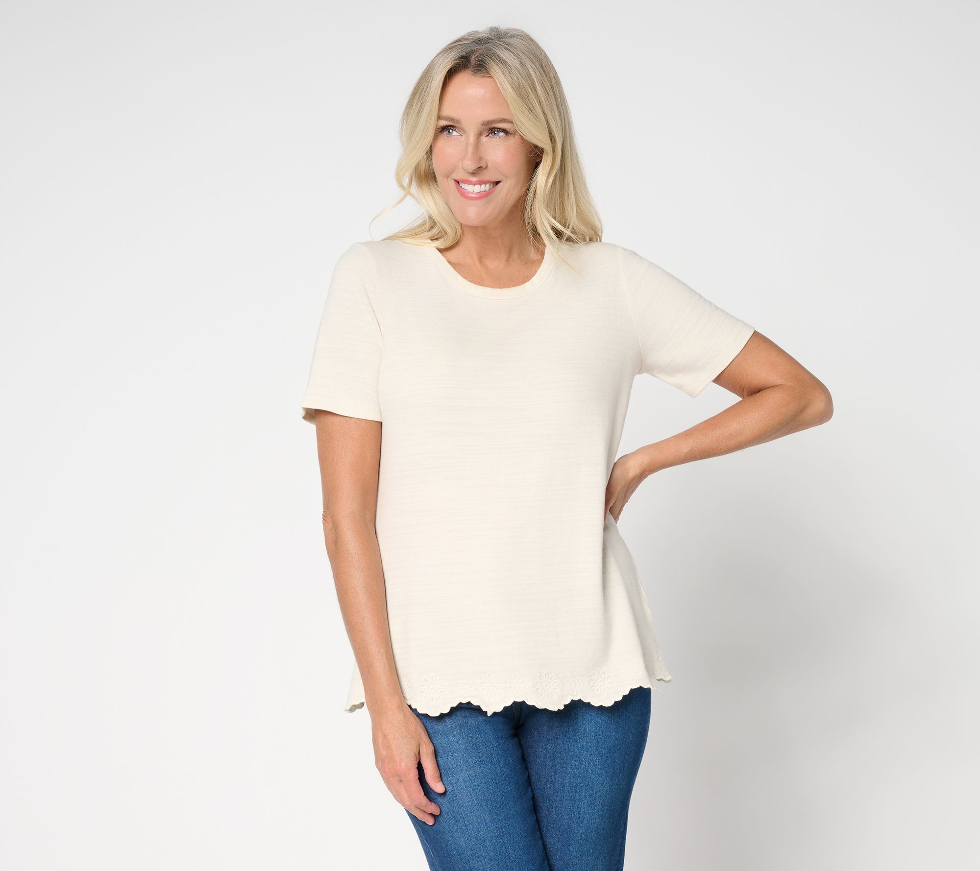 Denim & Co. 100% Cotton Short Sleeve Embroidered Hem Round Neck Top