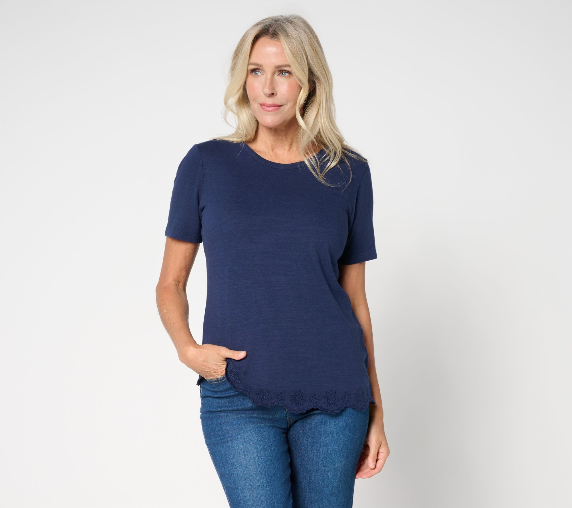 Denim & Co. 100% Cotton Short Sleeve Embroidered Hem Round Neck Top