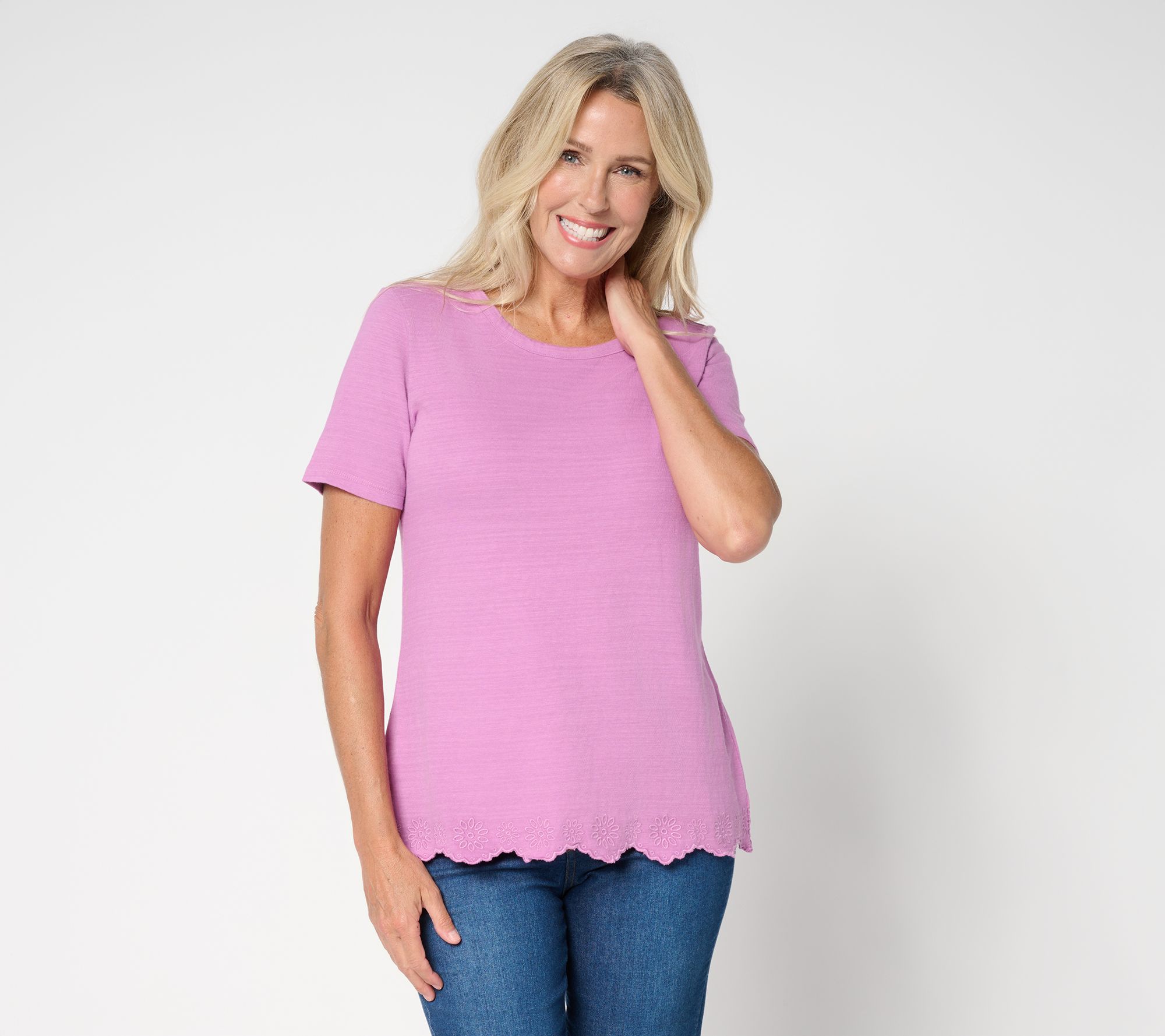 Denim & Co. 100% Cotton Short Sleeve Embroidered Hem Round Neck Top