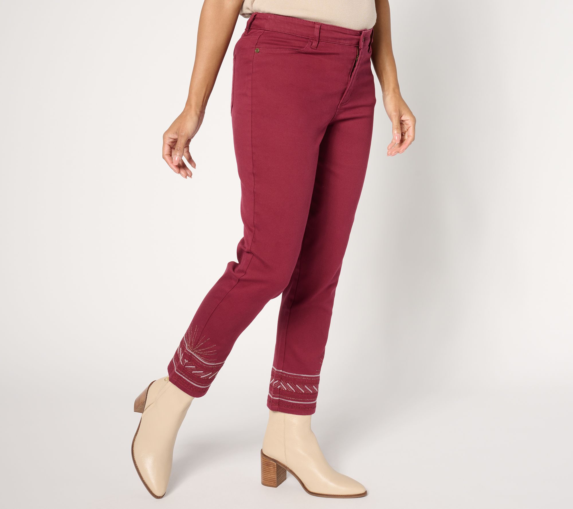 "As Is" Susan Graver Petite Embellished Hem Straight Leg Jean