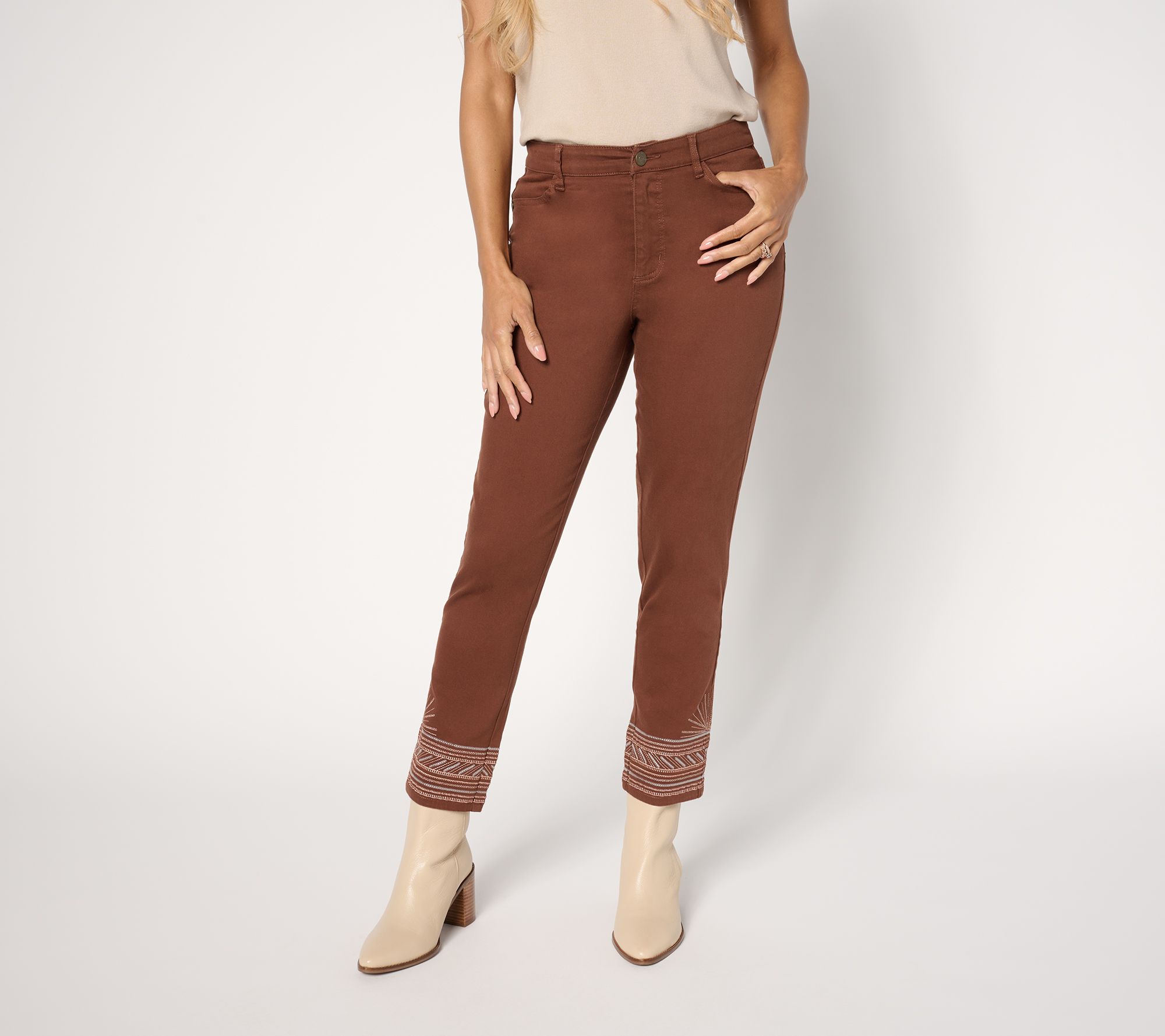 "As Is" Susan Graver Petite Embellished Hem Straight Leg Jean