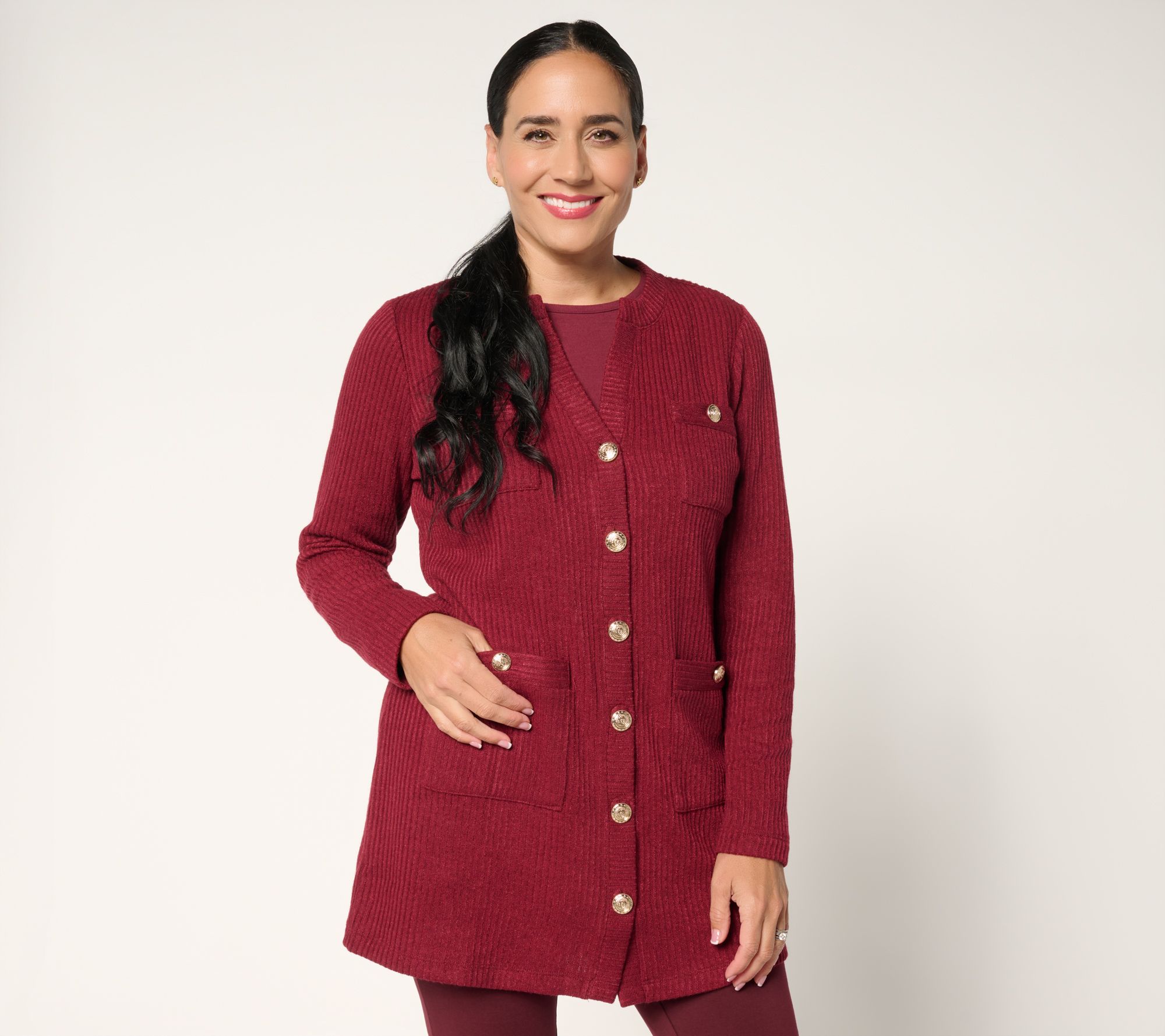 Dennis Basso Petite Jewel Neck Sweater with Patch Pockets