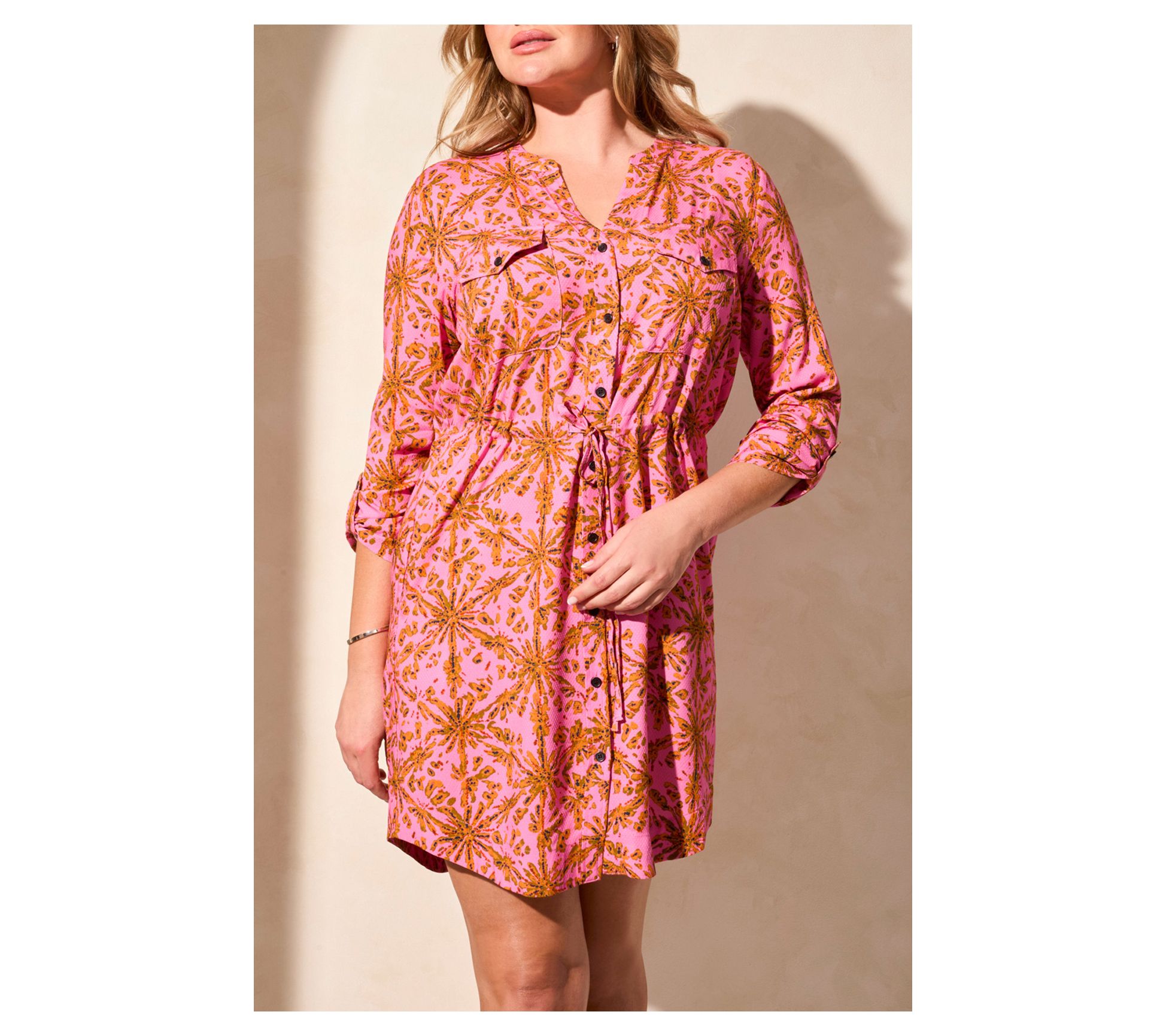 Tribal Drawstring Waist Dress With Roll-Up Sleeves