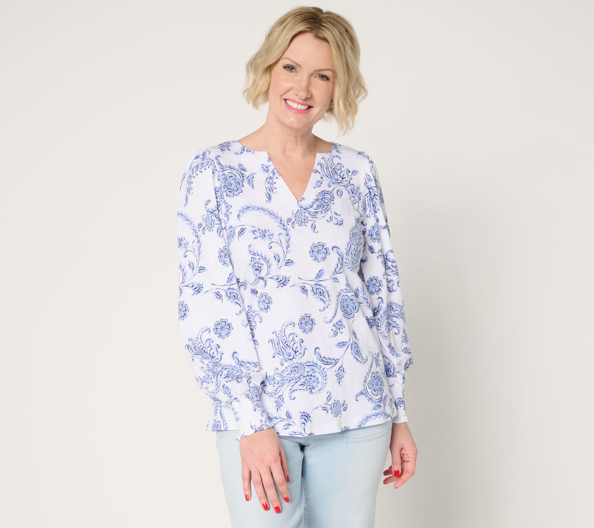 "As Is" Belle by Kim Gravel Slub Knit Smocked Sleeve Printed Top