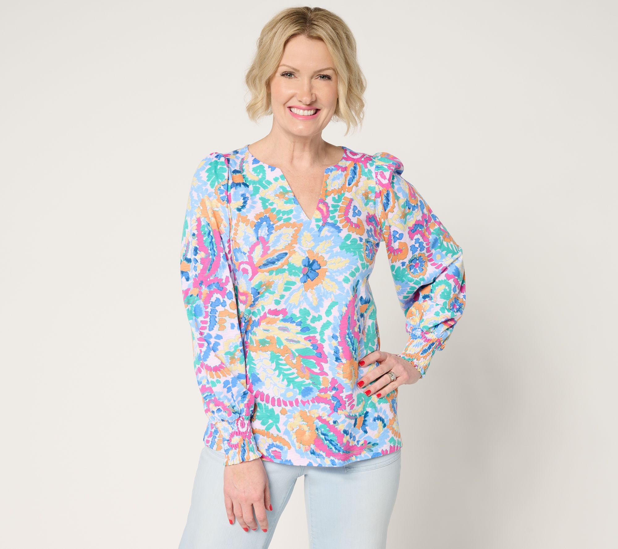 "As Is" Belle by Kim Gravel Slub Knit Smocked Sleeve Printed Top