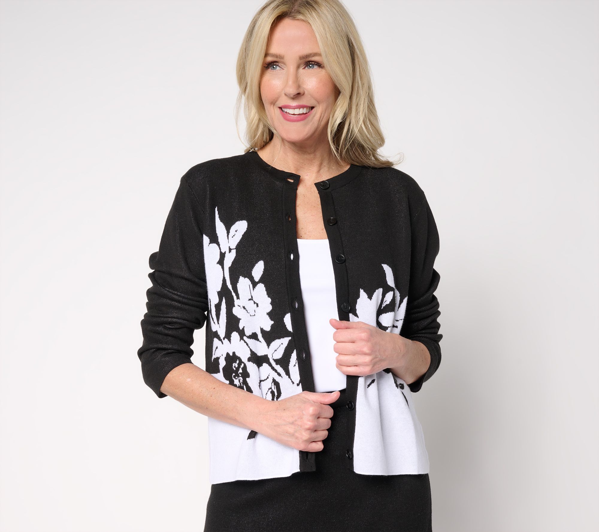 "As Is" by Stacy London Floral Intarsia Cotton Knit Cardigan