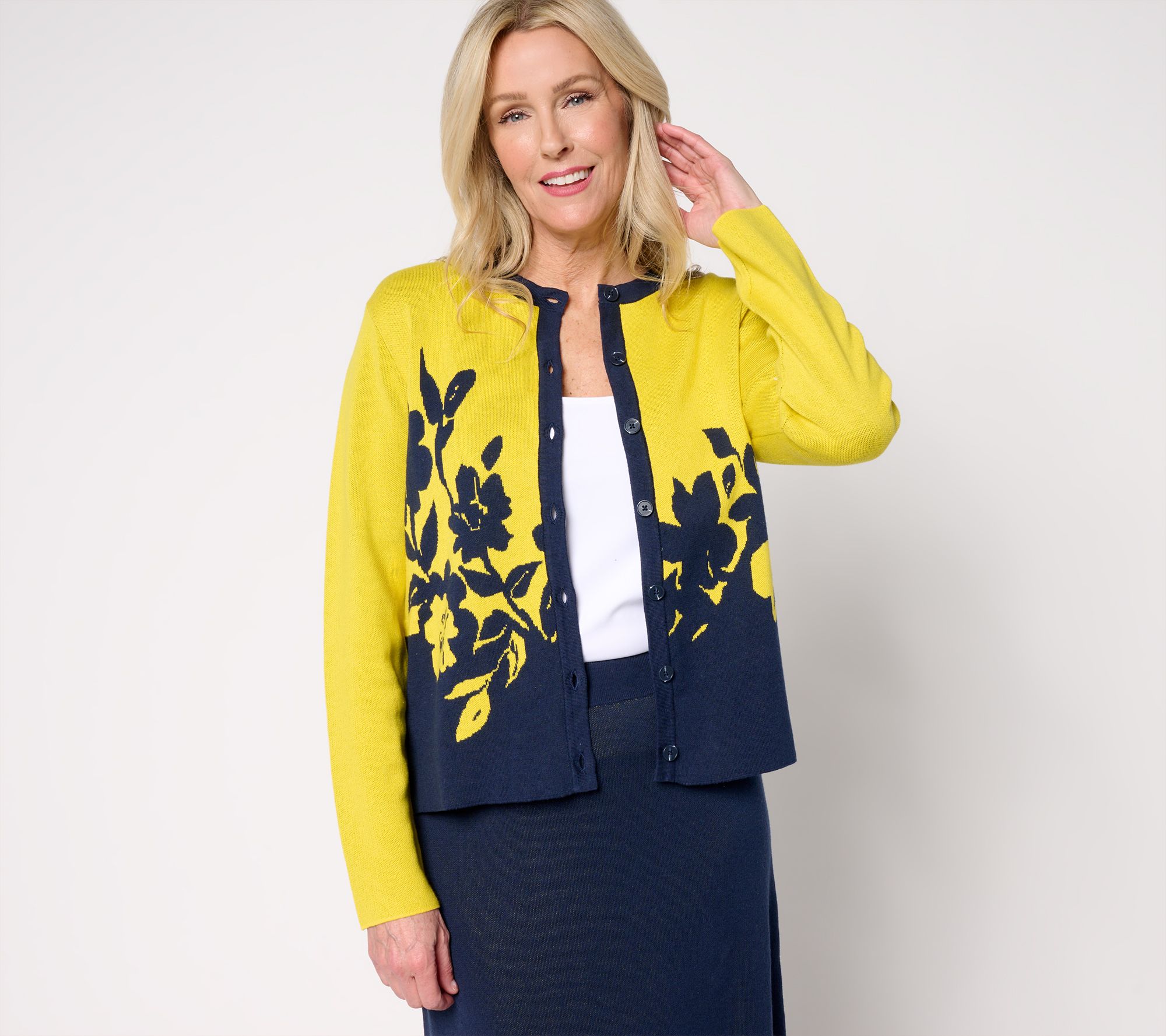 "As Is" by Stacy London Floral Intarsia Cotton Knit Cardigan